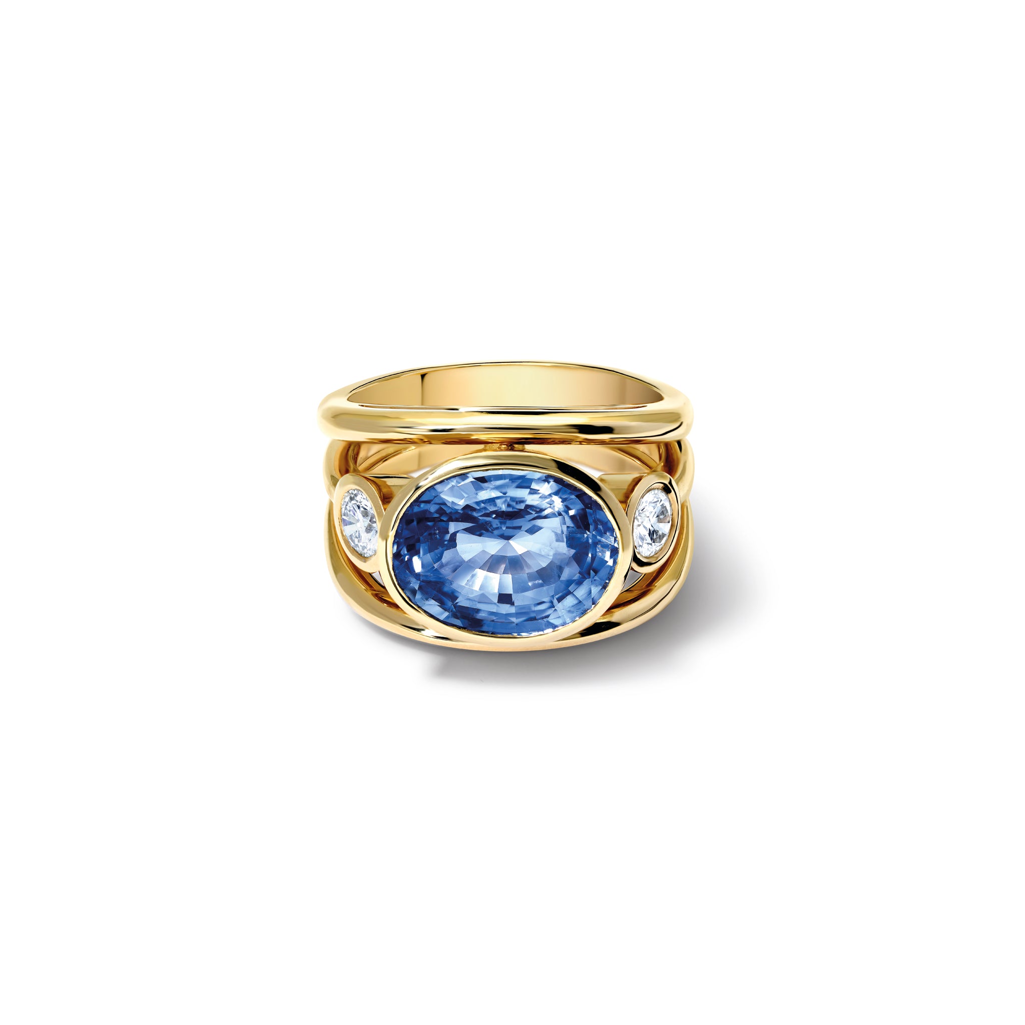 Handcrafted 18ct yellow gold ring with a central sapphire, the birthstone of September, flanked by two round diamonds.