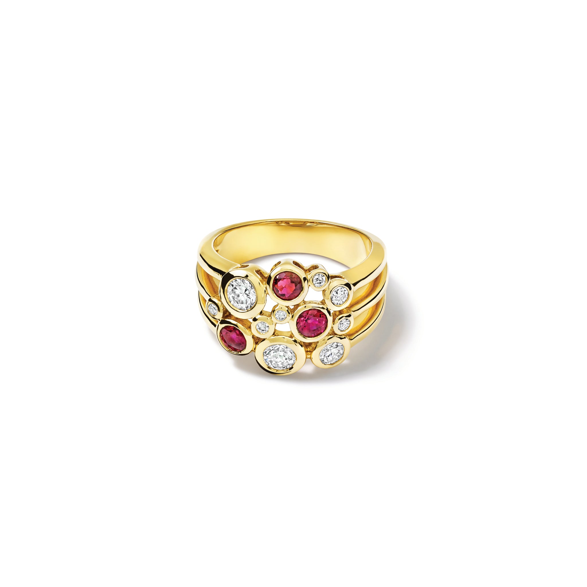 Handcrafted 18ct yellow gold ring featuring different sized round rubies and diamonds.