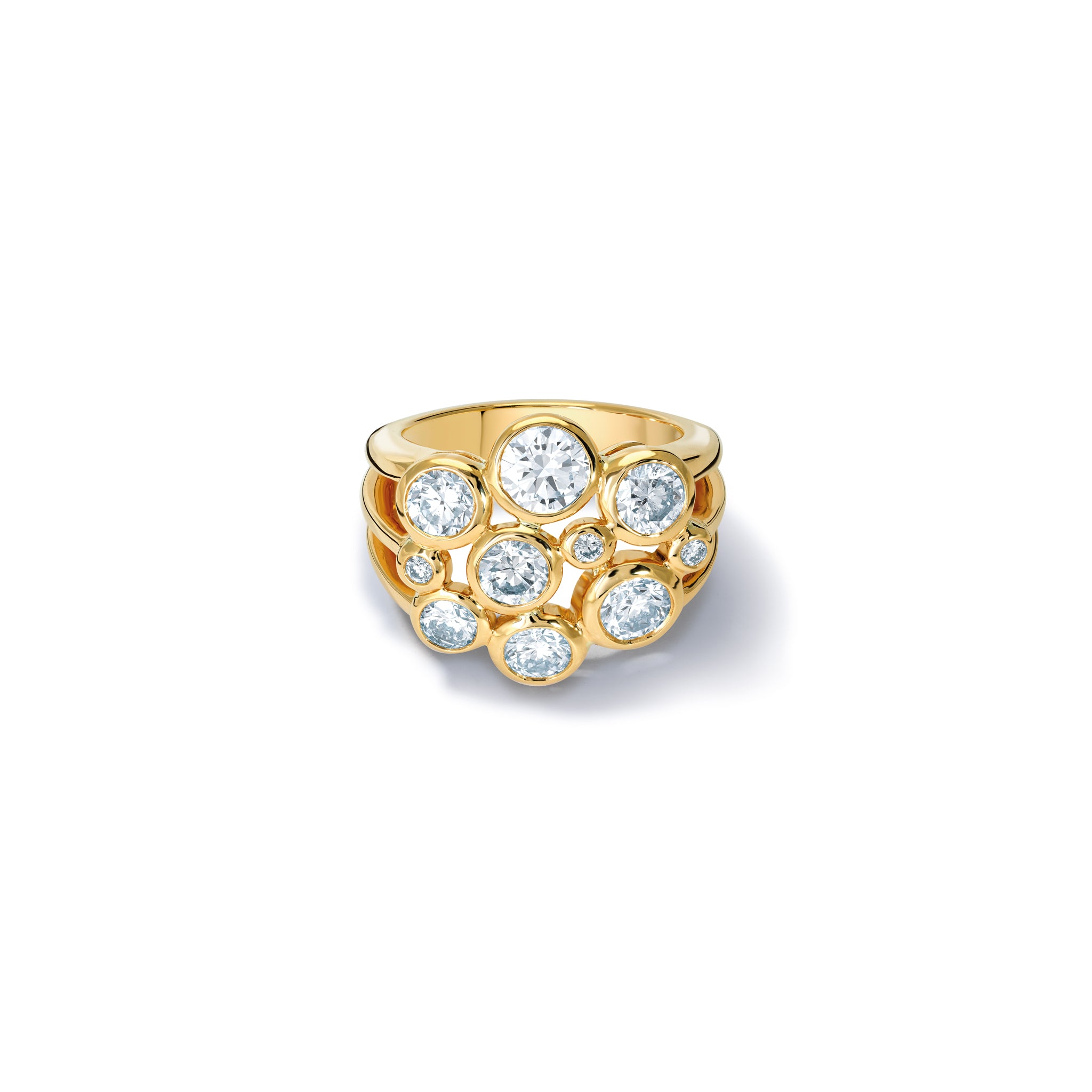 Handcrafted 18ct yellow gold ring featuring different sized round diamonds.