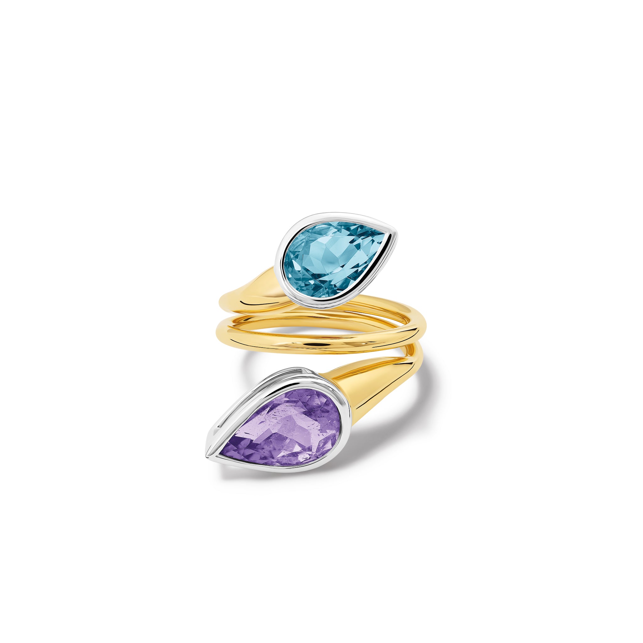 Handcrafted 18ct yellow and white gold swirl ring featuring teardrop shaped purple tourmaline and aquamarine at each end.
