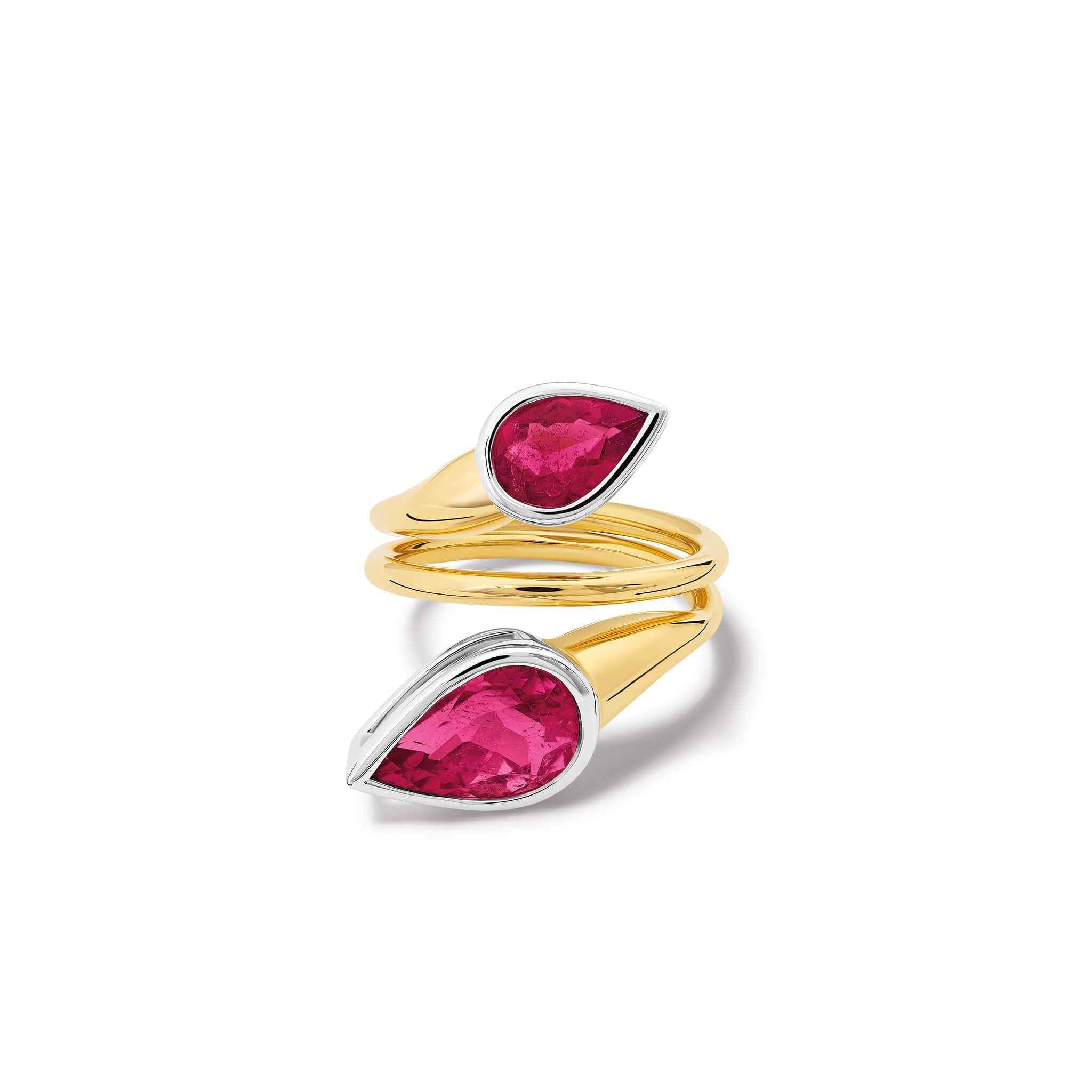Handcrafted 18ct yellow and white gold swirl ring featuring teardrop shaped pink tourmaline at each end, october birthstone