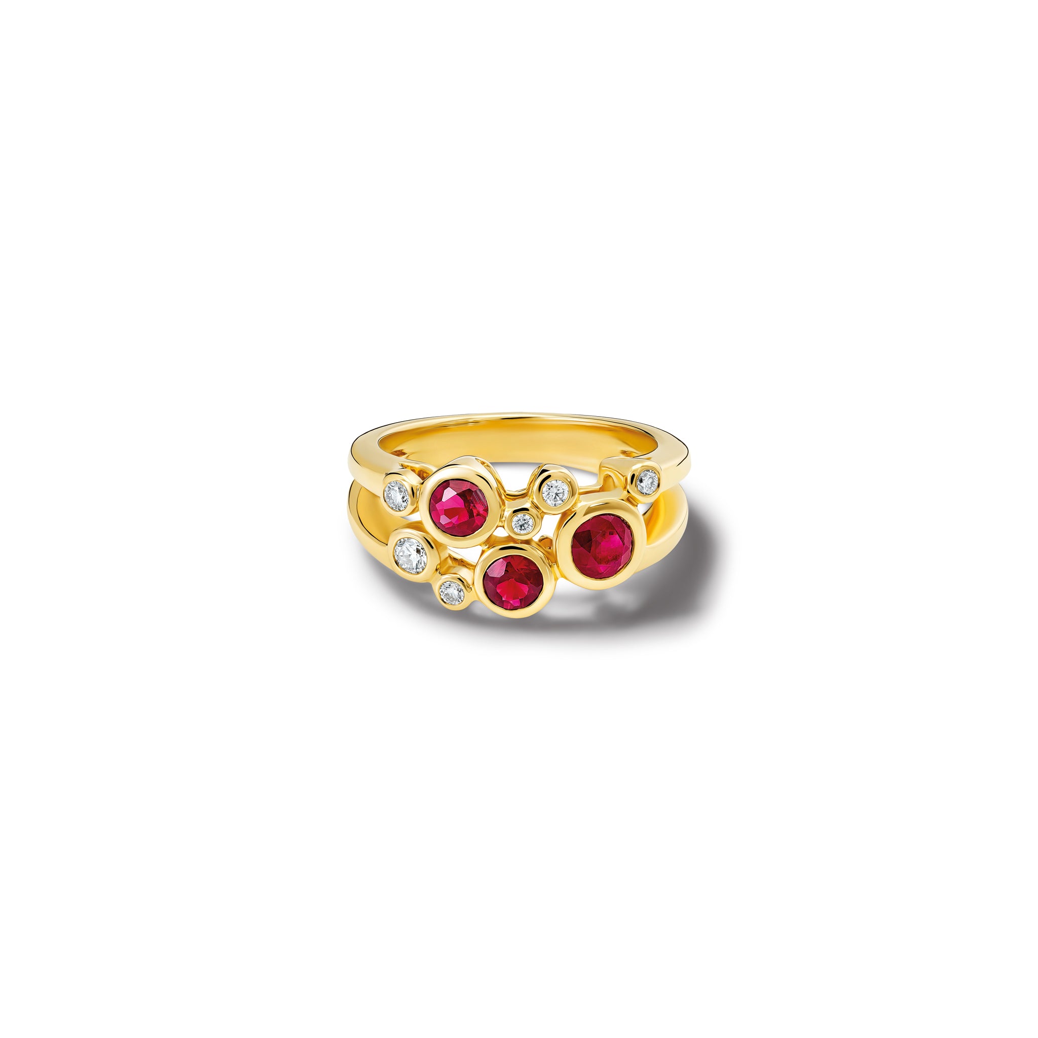 Handcrafted 18ct yellow gold ring featuring different sized round rubies and diamonds.