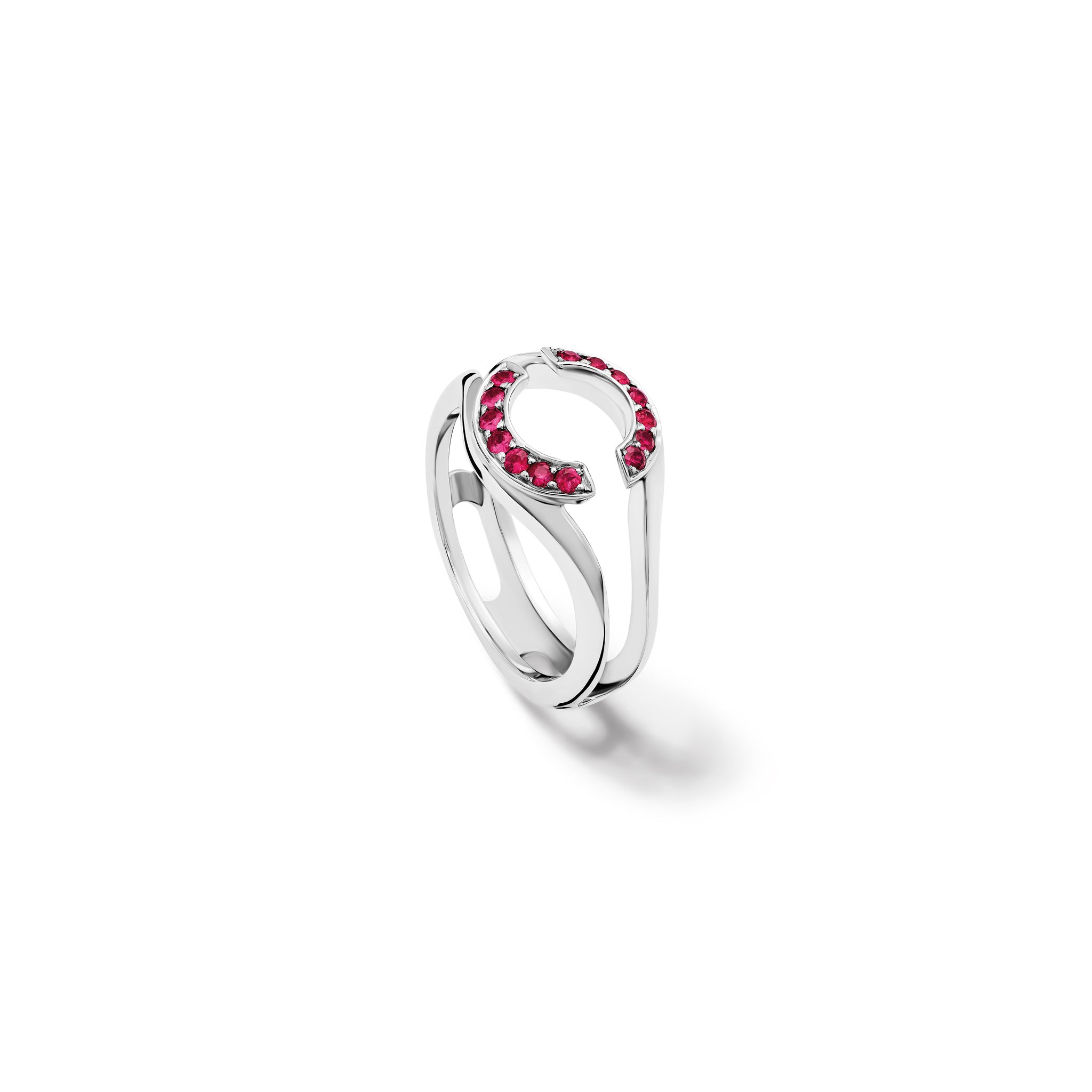 Handcrafted 18ct white gold ring featuring an open jacket setting with ruby pav�, designed to seamlessly accommodate another ring. Perfect as a wedding or eternity ring.