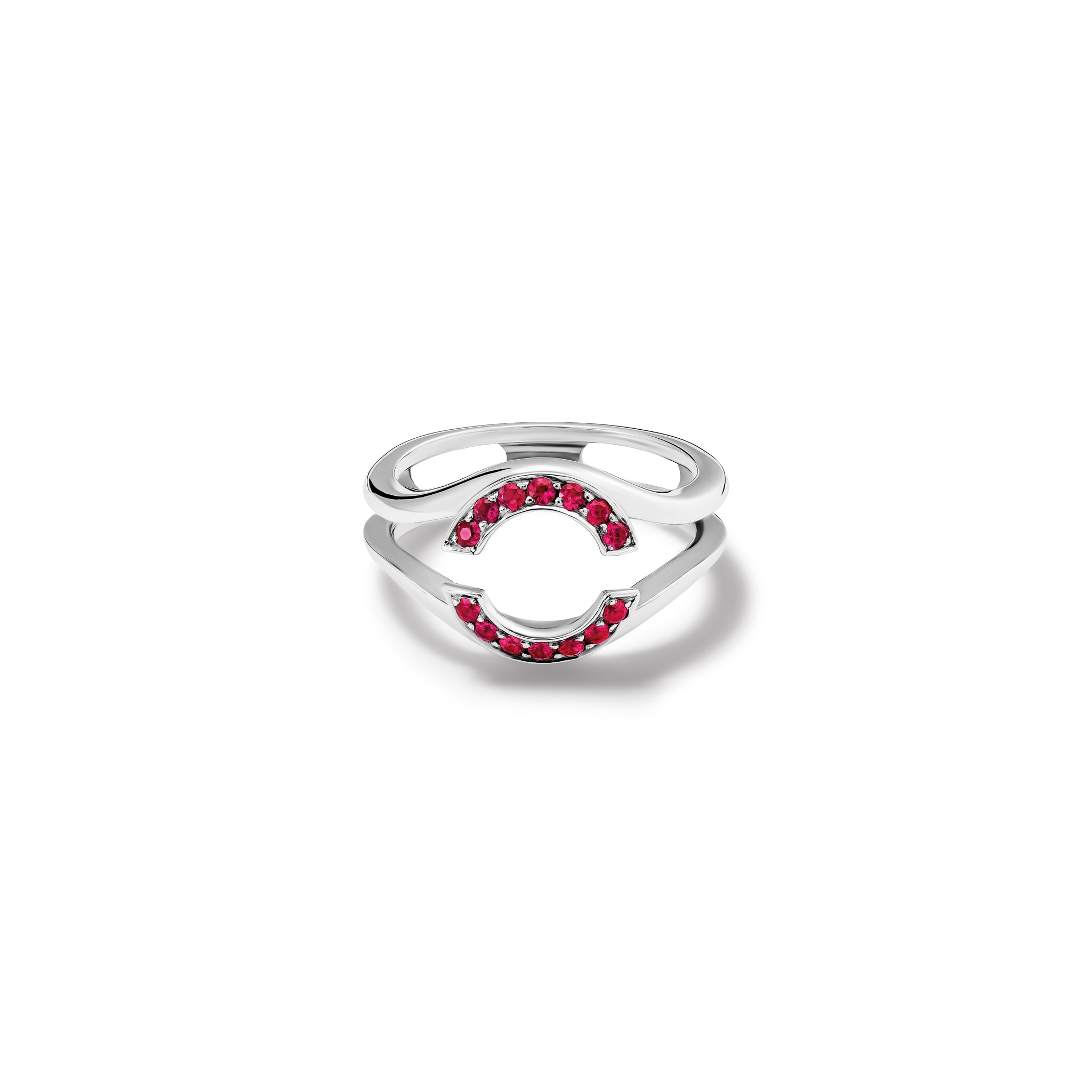 Handcrafted 18ct white gold ring featuring an open jacket setting with ruby pav�, designed to seamlessly accommodate another ring. Perfect as a wedding or eternity ring.