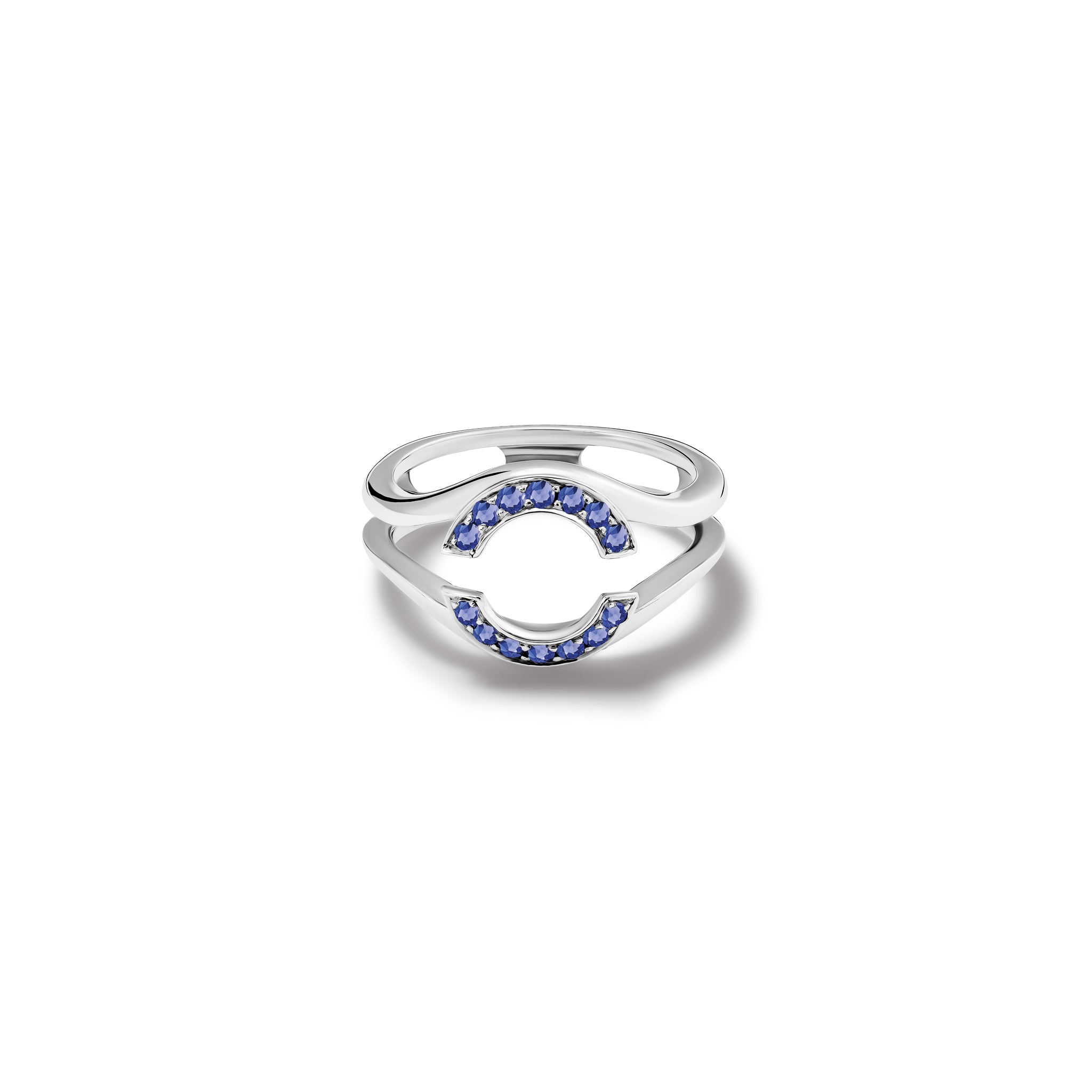 Handcrafted 18ct white gold ring featuring an open jacket setting with sapphire pav�, designed to seamlessly accommodate another ring. Perfect as a wedding or eternity ring.