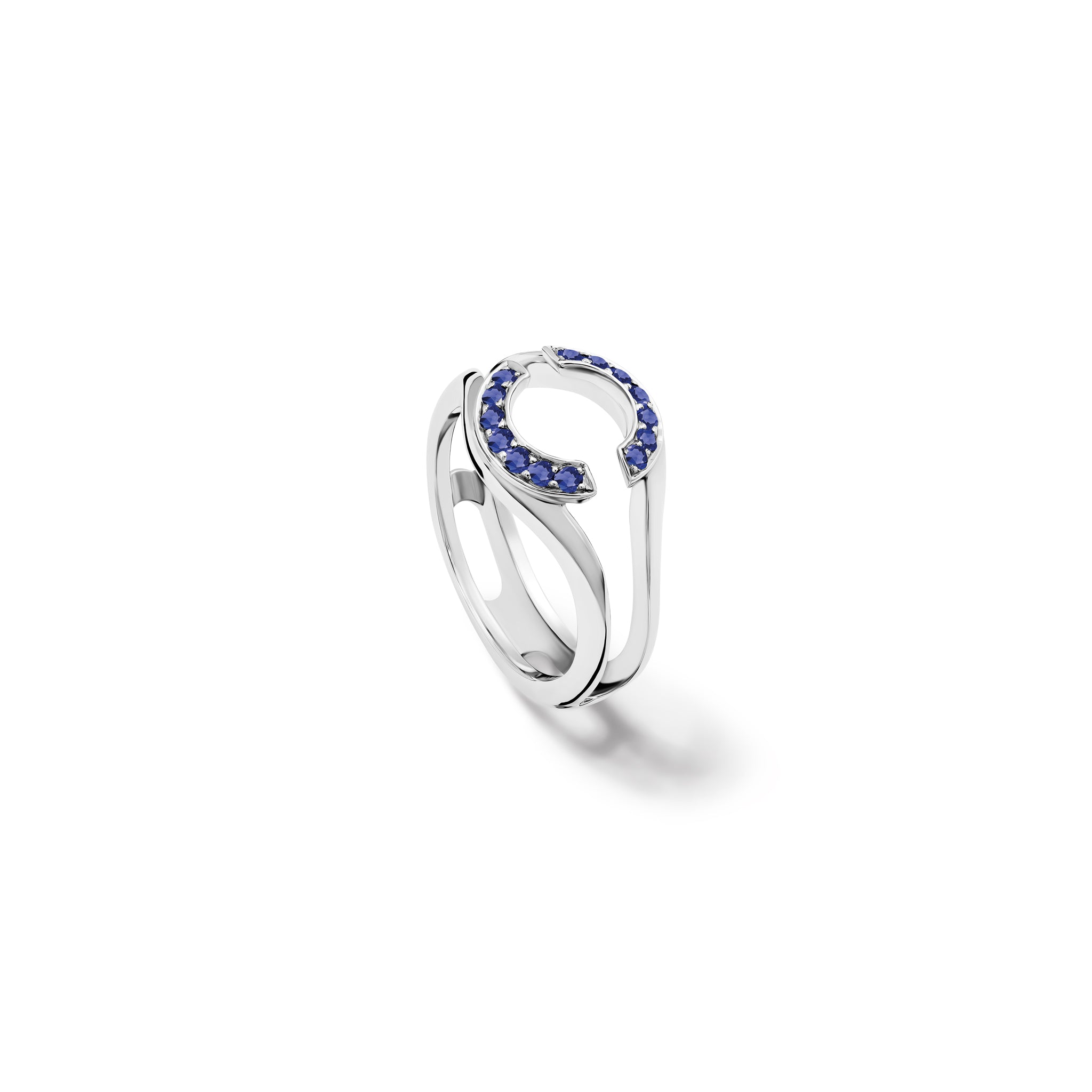 Handcrafted 18ct white gold ring featuring an open jacket setting with sapphire pav�, designed to seamlessly accommodate another ring. Perfect as a wedding or eternity ring.
