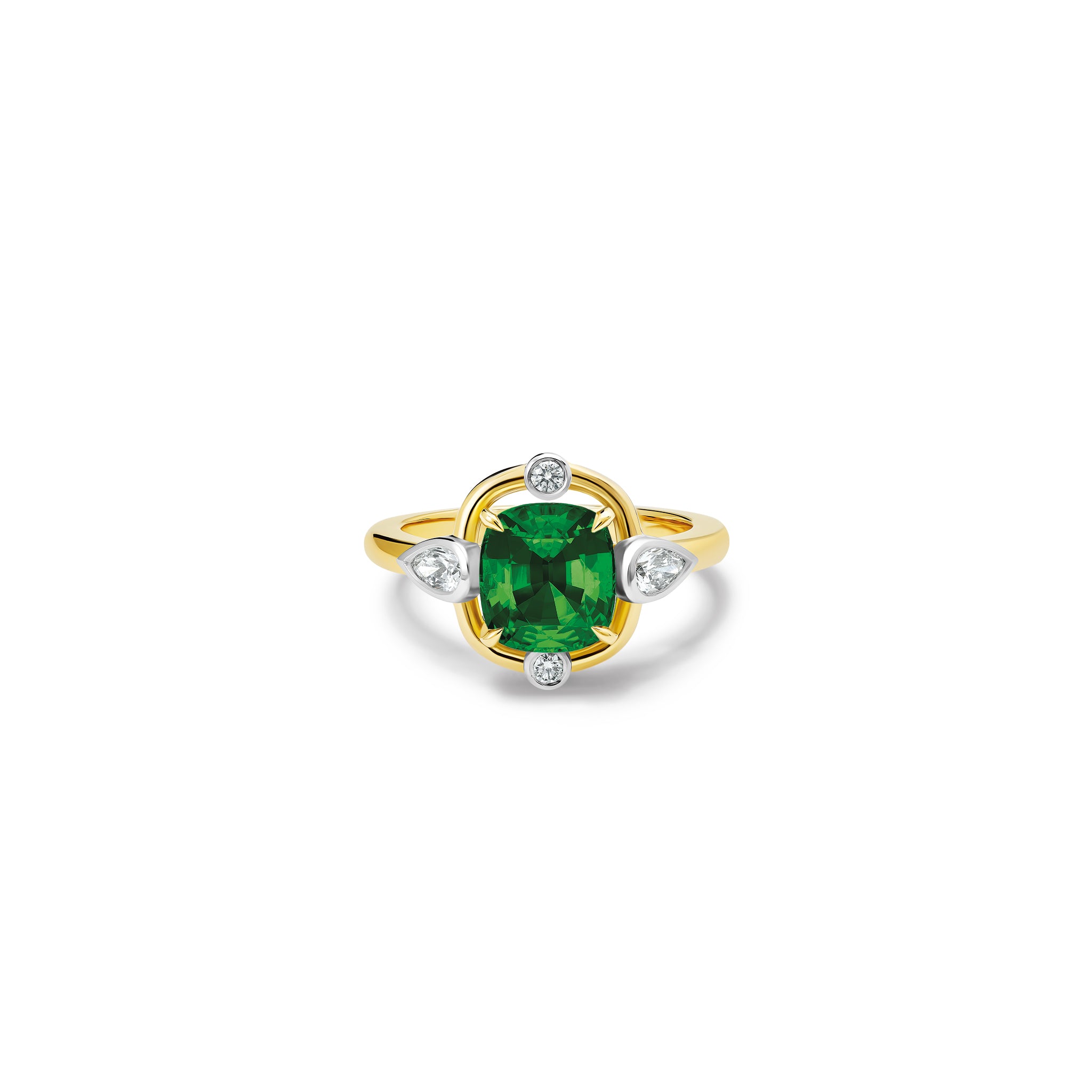 Handmade 18ct yellow gold engagement ring ring featuring a green tourmaline at its centre, surrounded by four smaller diamonds, two teardrop-shaped.