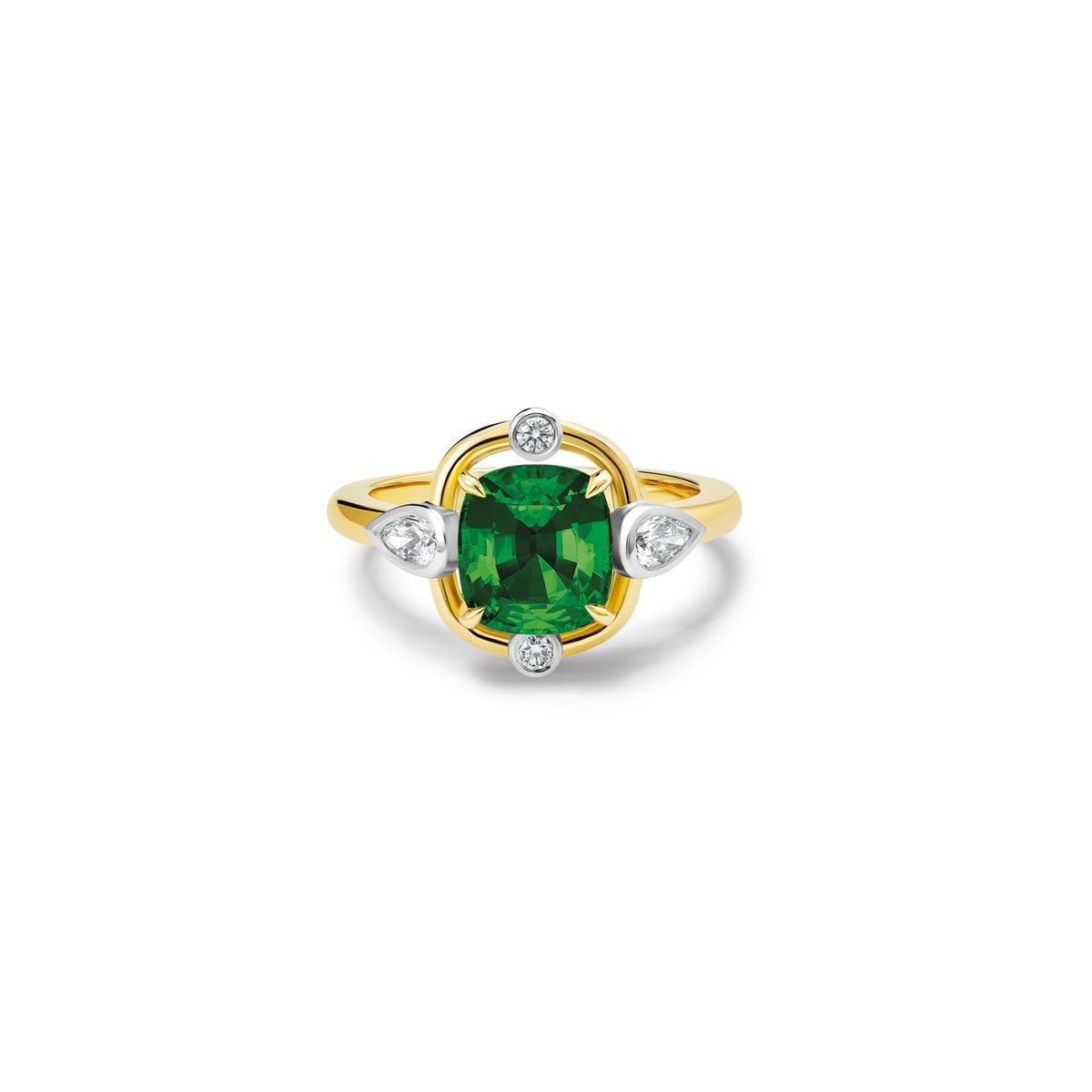 Handmade 18ct yellow gold engagement ring ring featuring a green tourmaline at its centre, surrounded by four smaller diamonds, two teardrop-shaped.