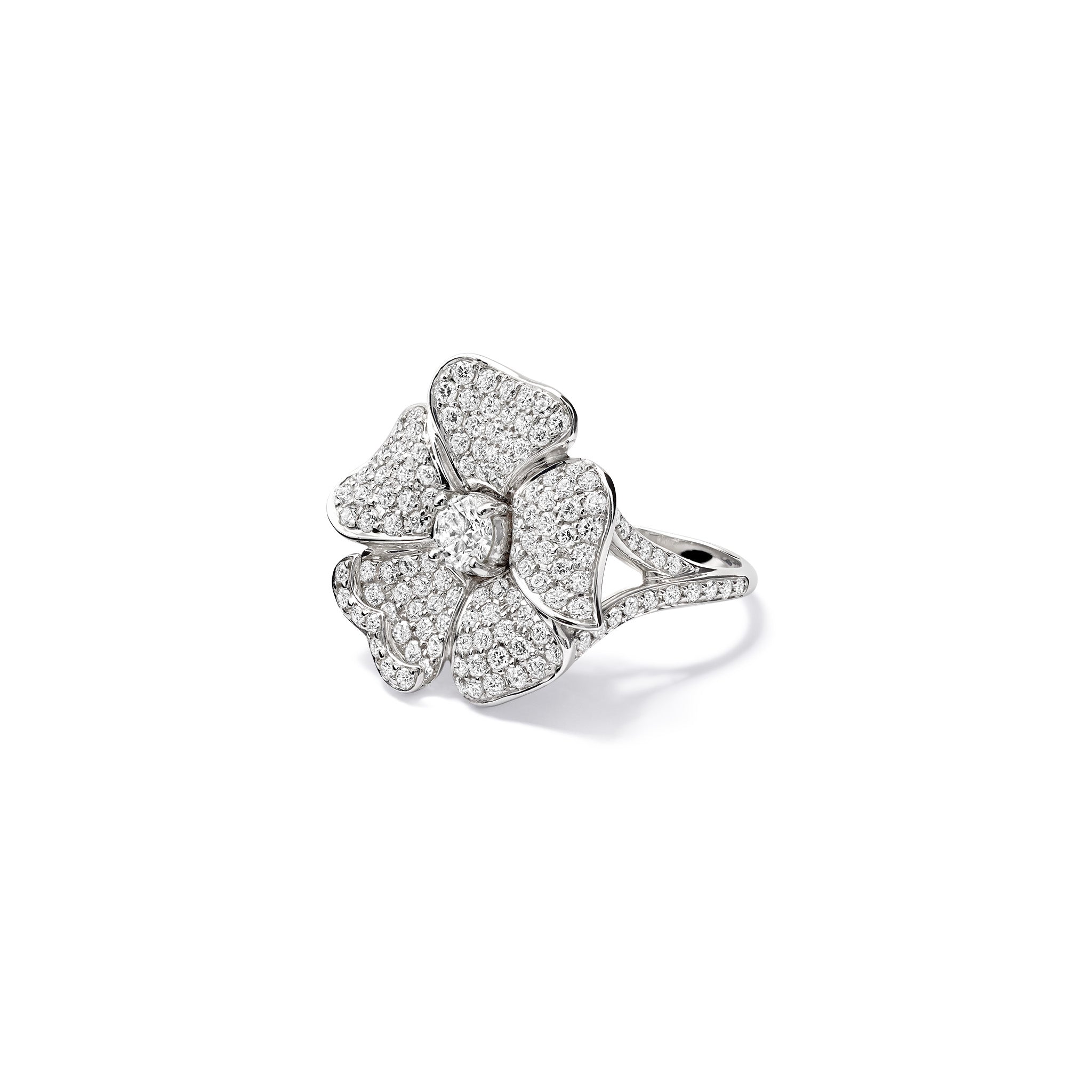 Handcrafted 18ct white gold rose shaped ring with diamonds.