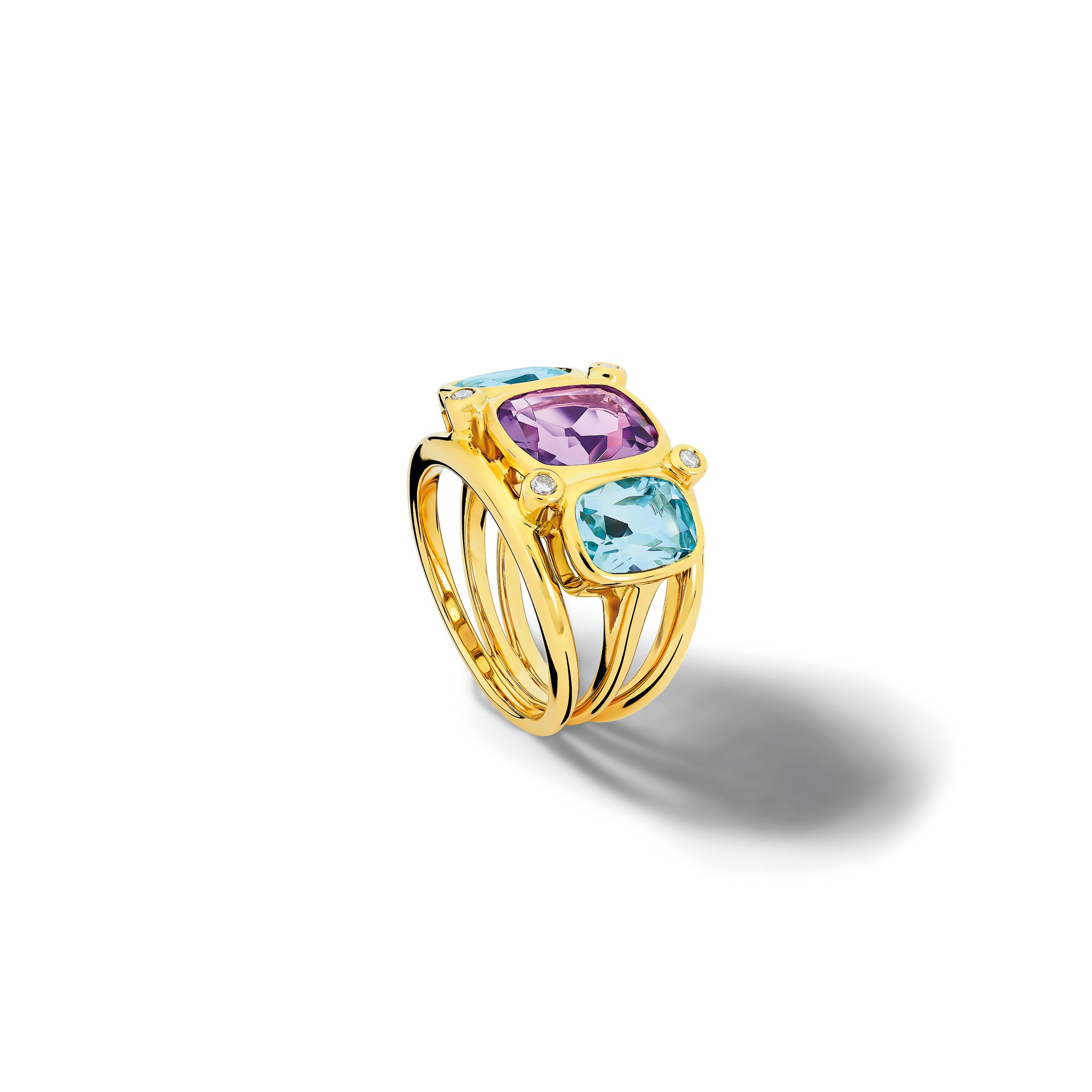 Handcrafted 18ct yellow gold ring featuring rectangular shaped amethyst, blue topaz and diamonds.
