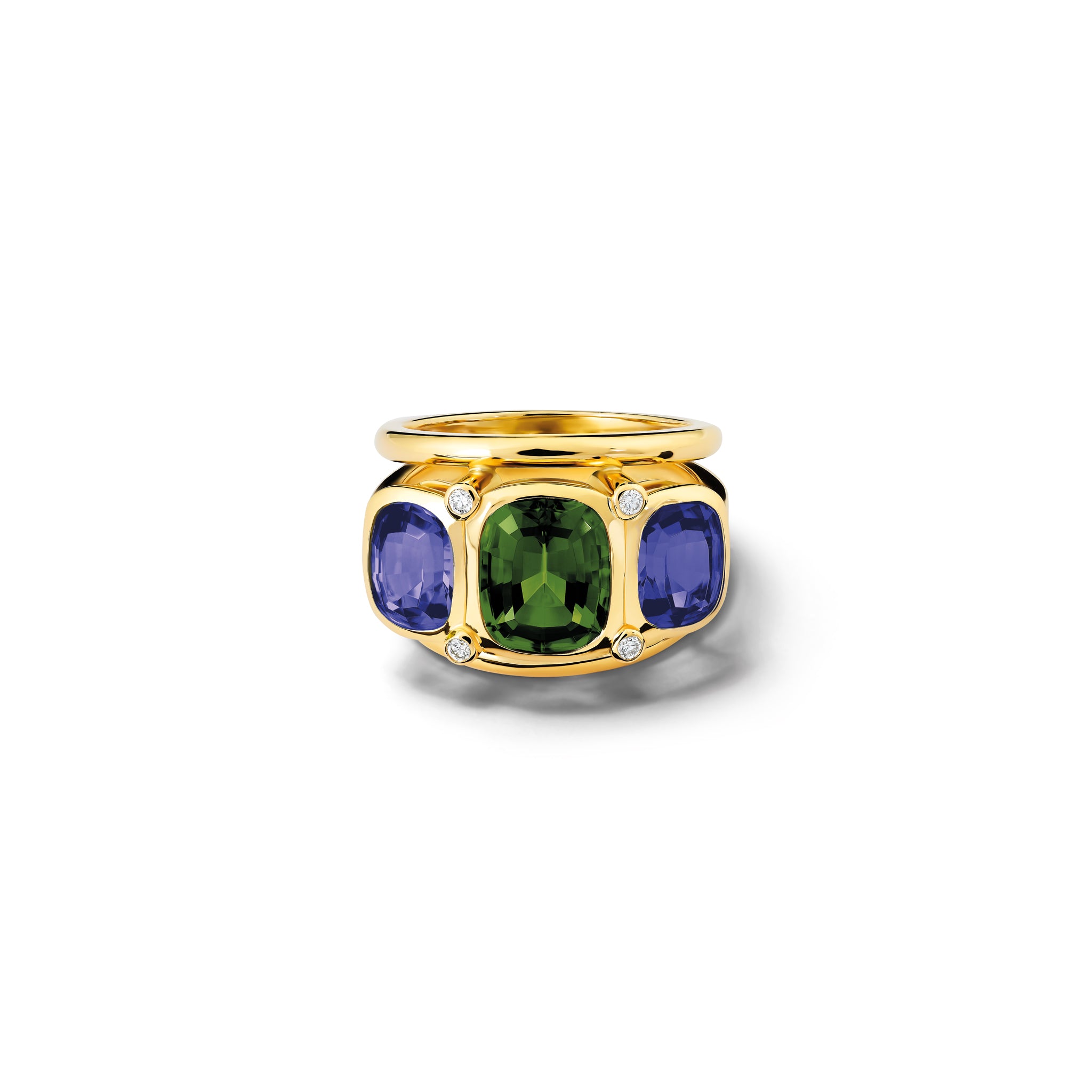 Handcrafted 18ct yellow gold ring featuring rectangular shaped green tourmaline, iolite and diamonds.