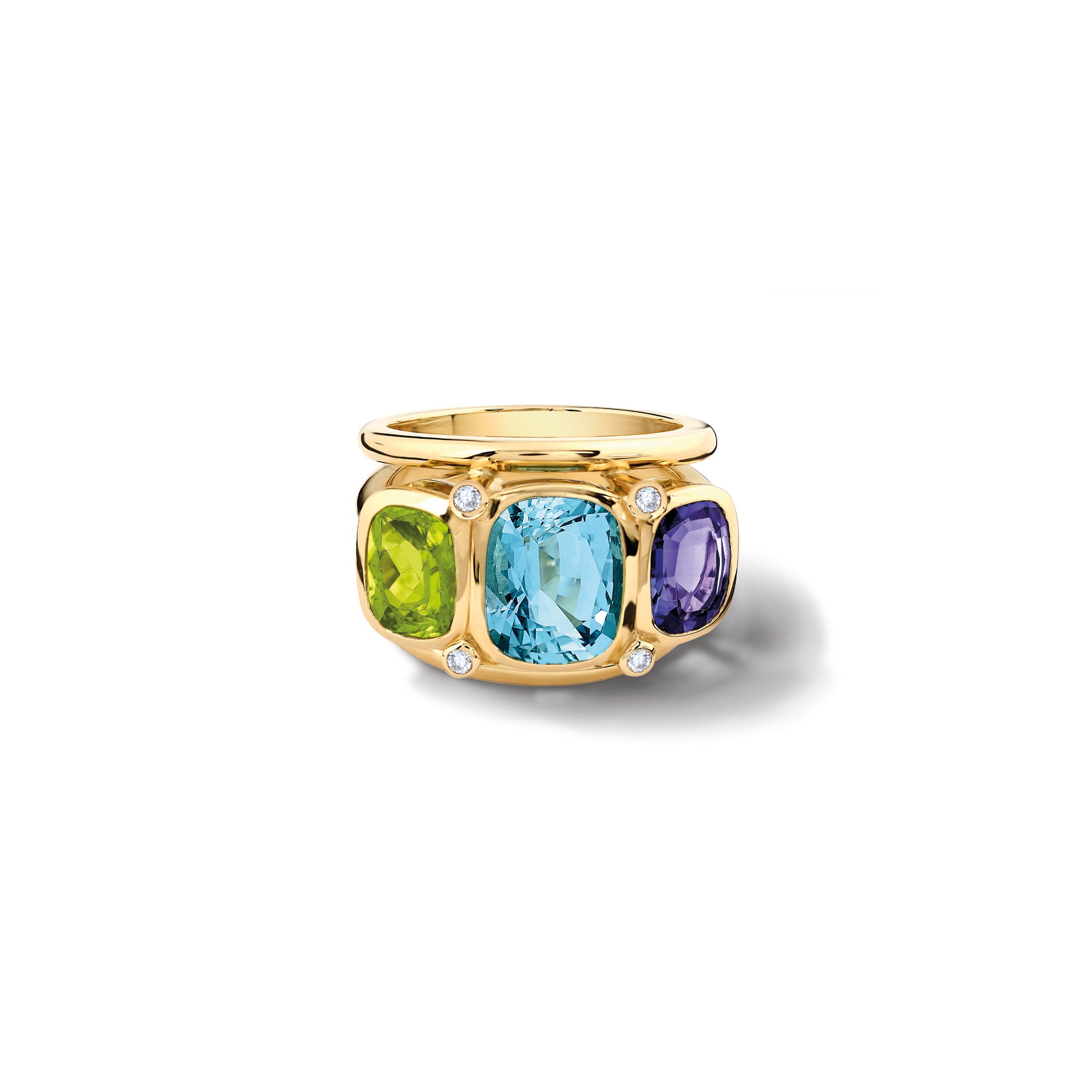 Handcrafted 18ct yellow gold ring featuring rectangular shaped blue topaz, peridot, iolite and diamonds.