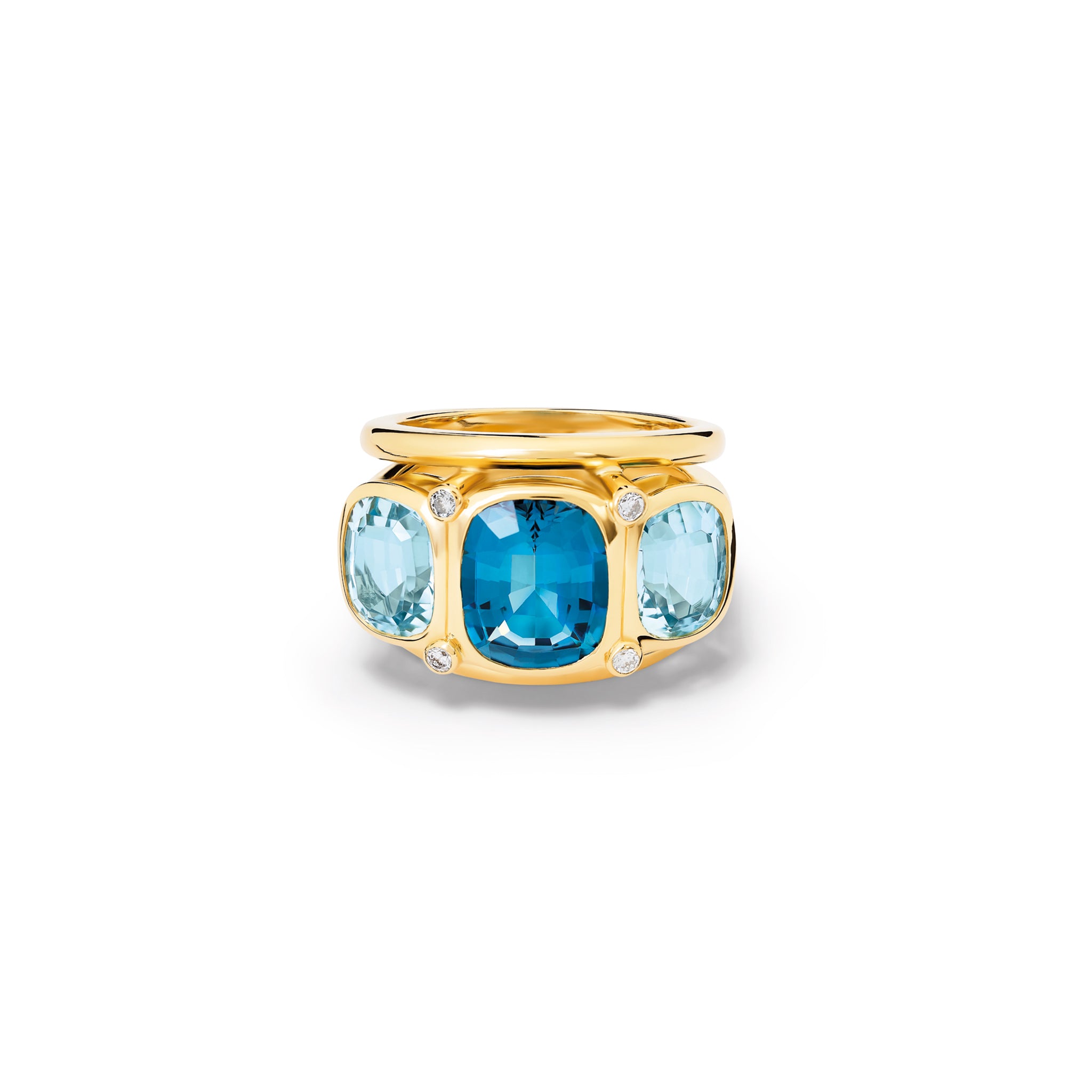 Handcrafted 18ct yellow gold ring featuring rectangular shaped blue topaz and diamonds.