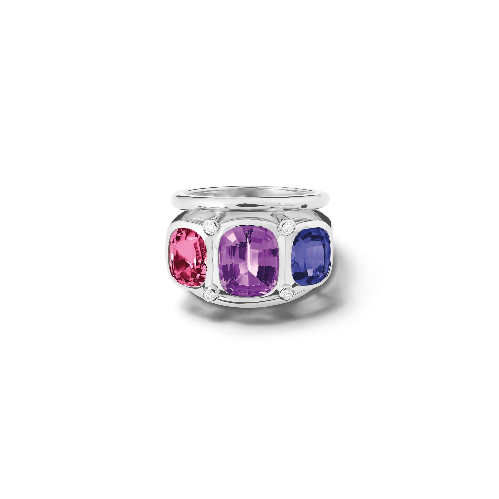 Handcrafted 18ct white gold ring featuring rectangular shaped amethyst, pink tourmaline, iolite and diamonds.