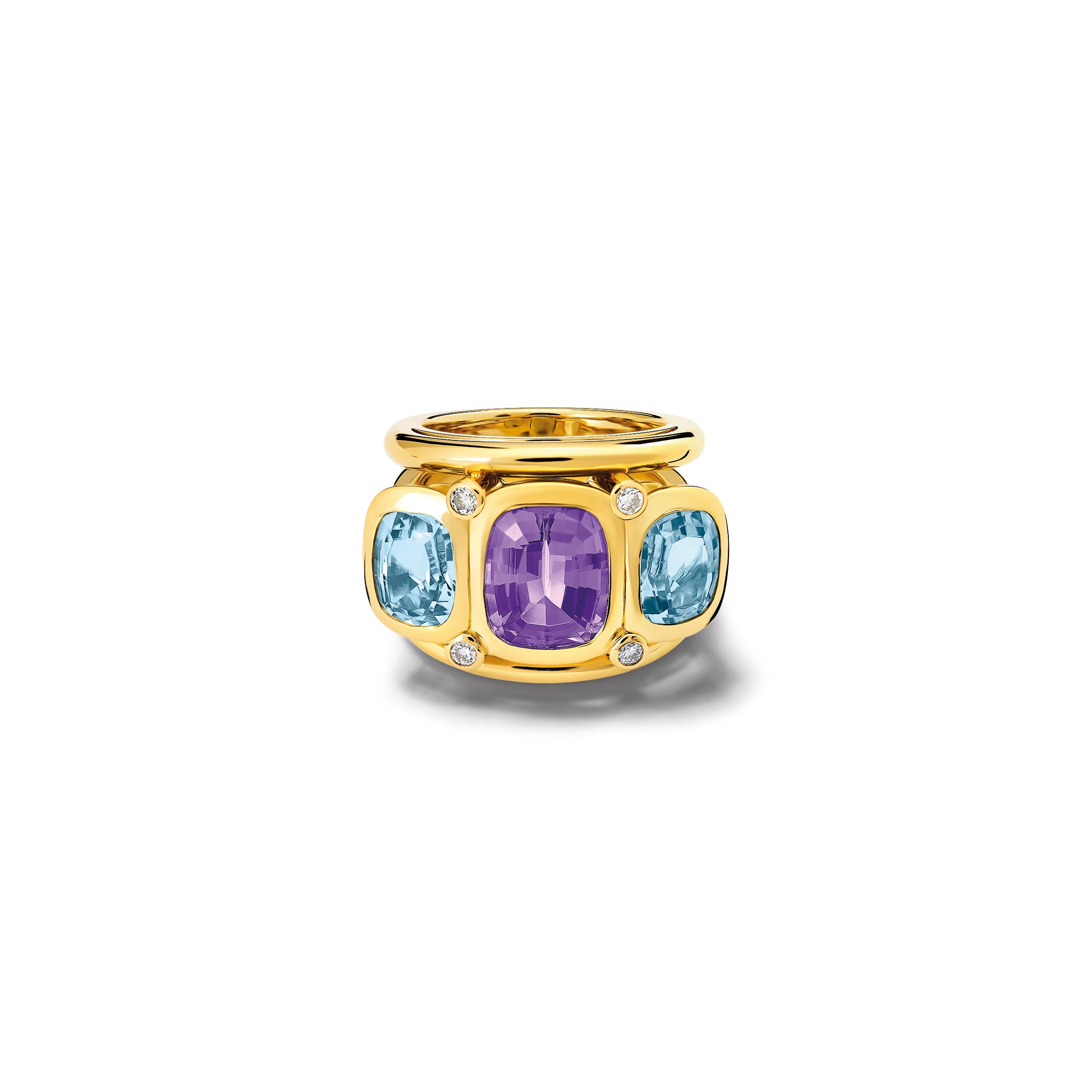 Handcrafted 18ct yellow gold ring featuring rectangular shaped amethyst, blue topaz and diamonds.