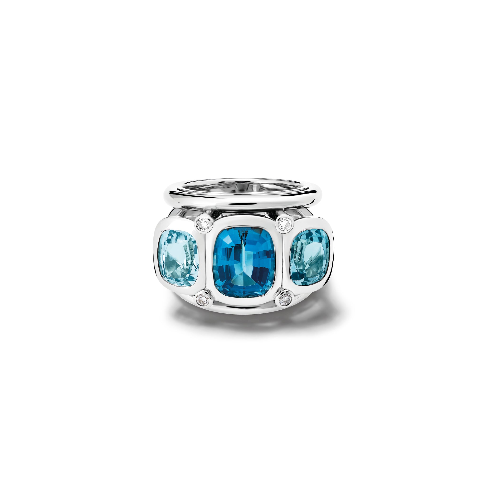 Handcrafted 18ct white gold ring featuring rectangular shaped blue topaz and diamonds.