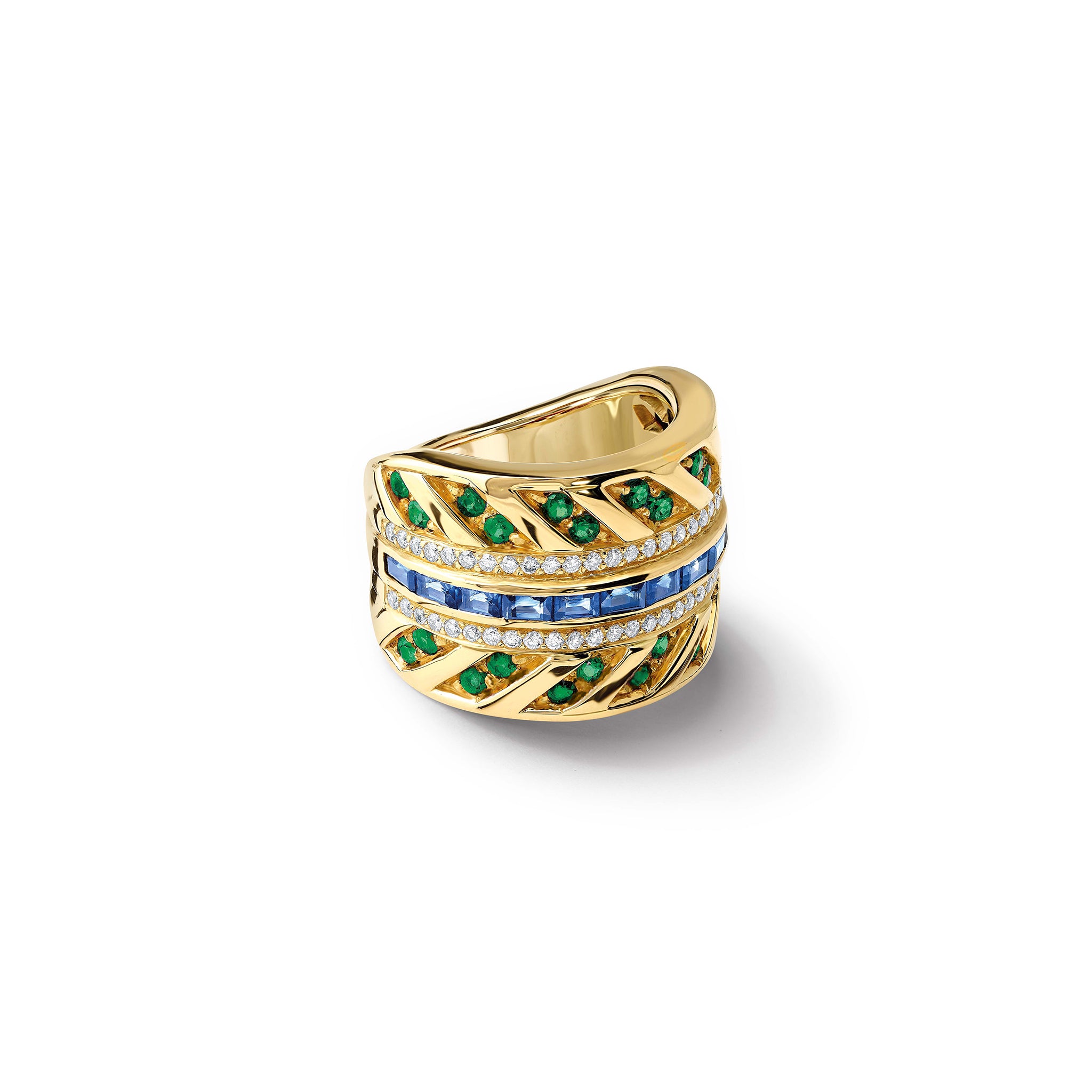 Handcrafted 18ct yellow gold ring featuring sapphires, emeralds and diamonds.