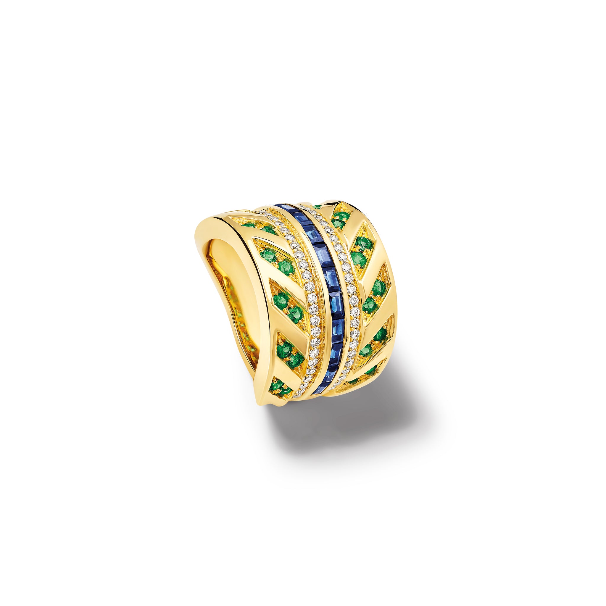 Handcrafted 18ct yellow gold ring featuring sapphires, emeralds and diamonds.
