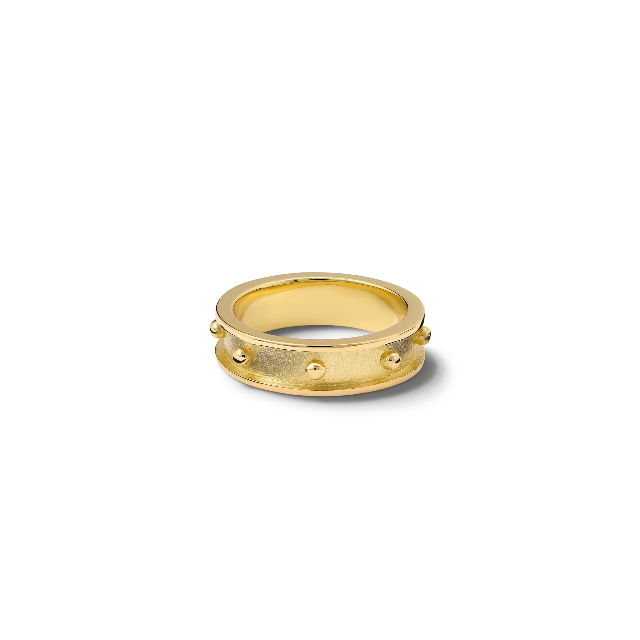 Handcrafted 18ct yellow gold ring with evenly spaced, protruding round dots.