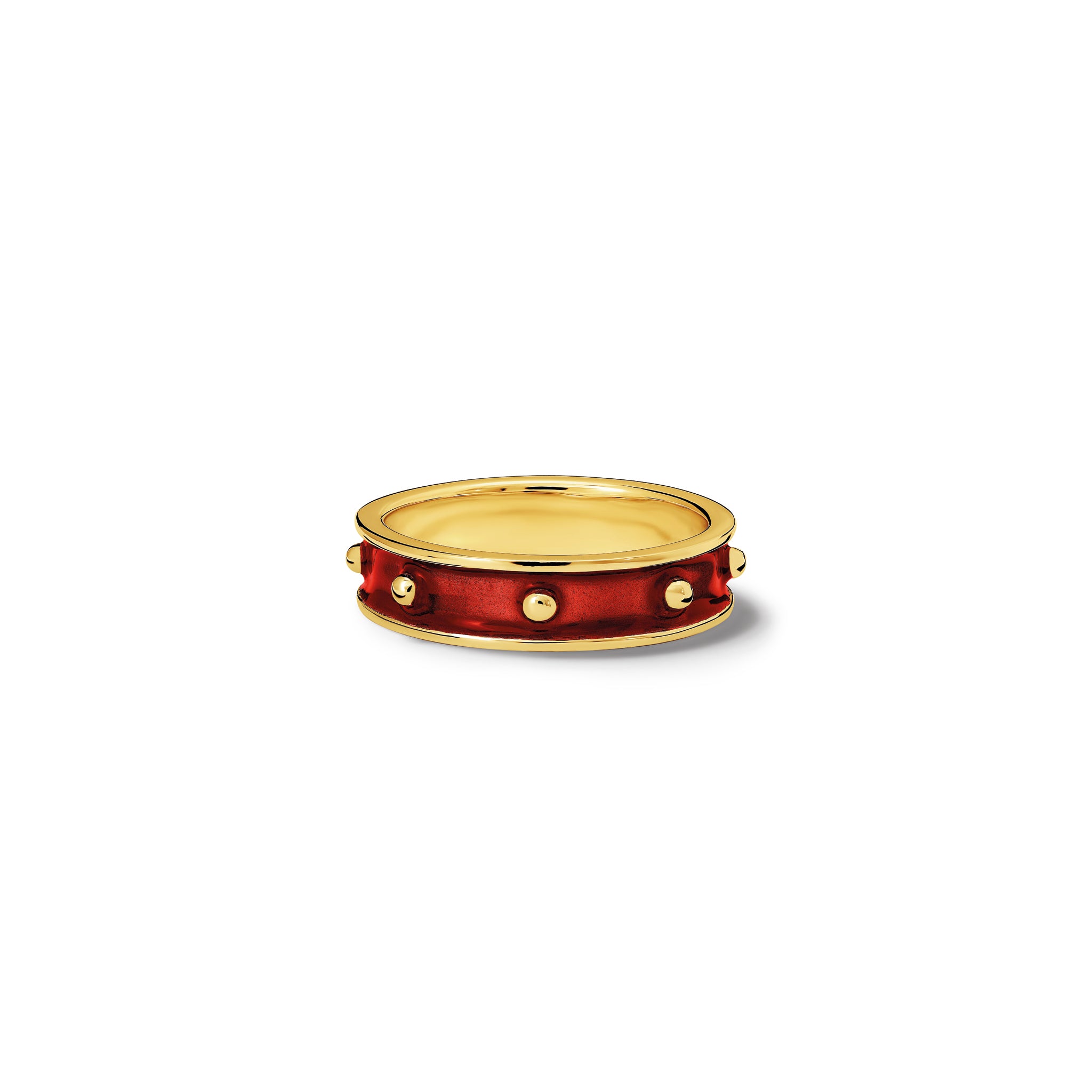 Handcrafted 18ct yellow gold ring with evenly spaced, protruding round dots with red enamel.
