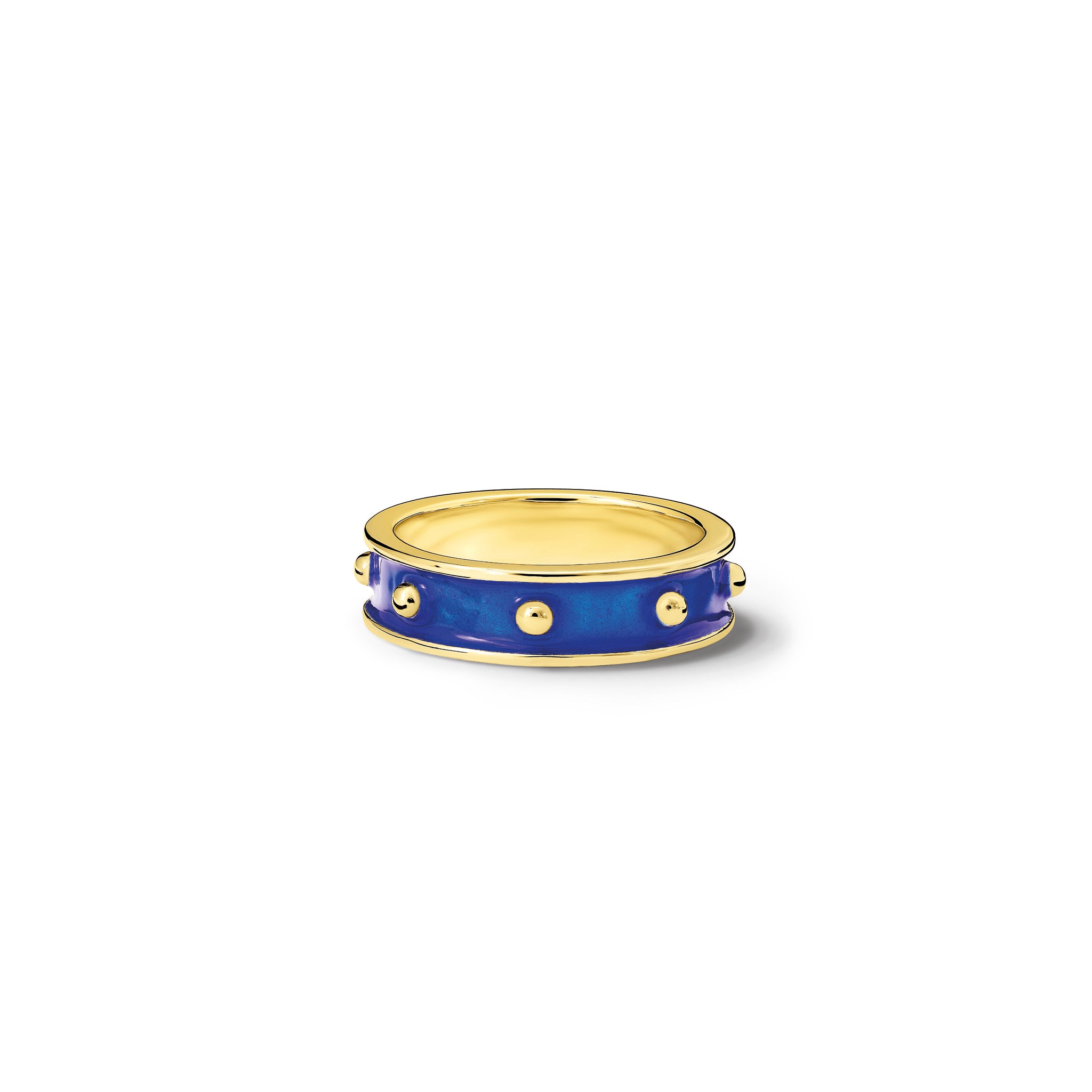 Handcrafted 18ct yellow gold ring with evenly spaced, protruding round dots with dark blue enamel.
