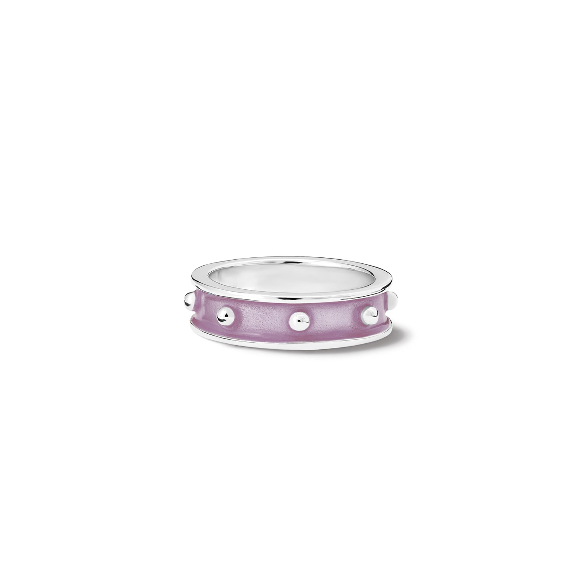 Handcrafted sterling silver ring with evenly spaced, protruding round dots with lilac enamel.