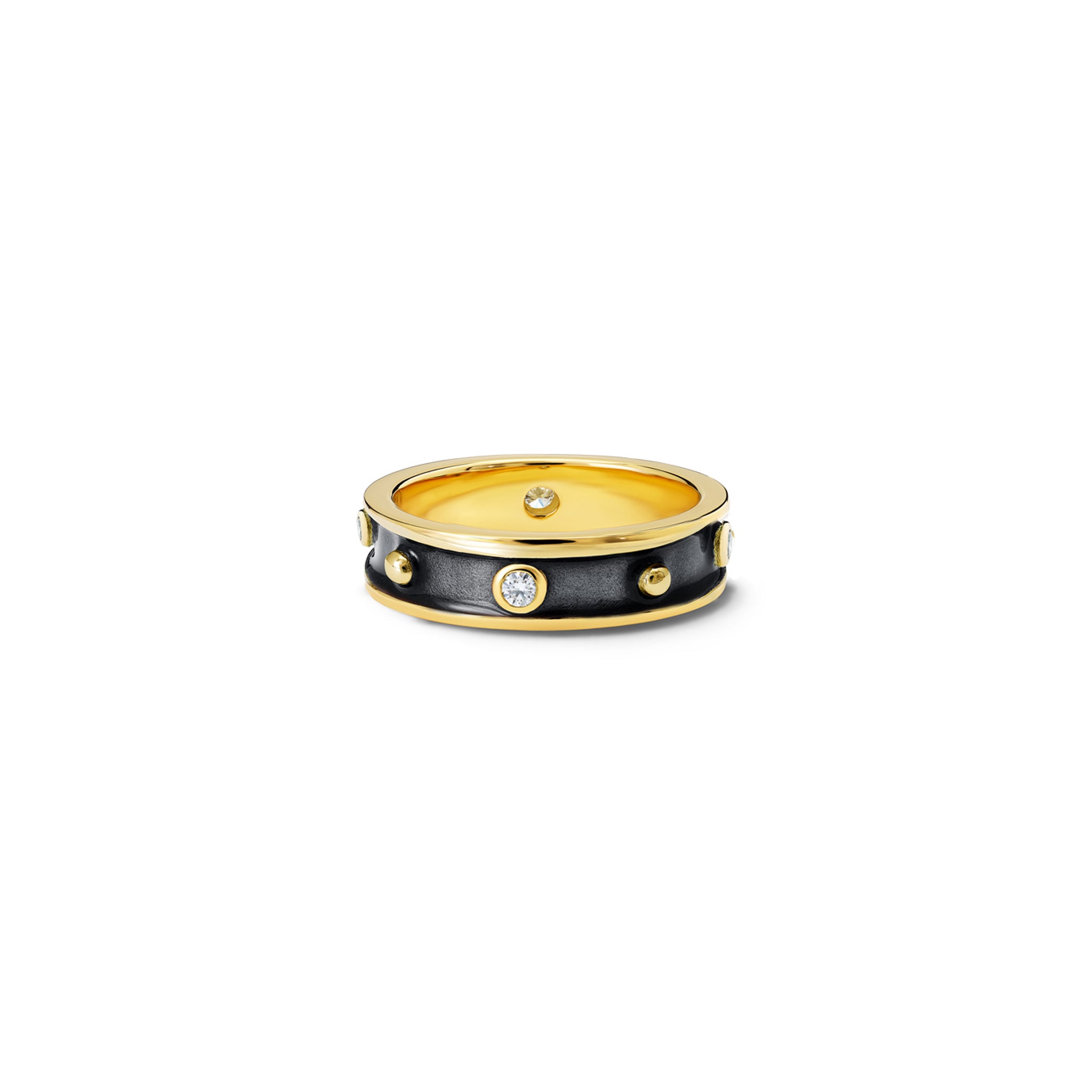 Handcrafted 18ct yellow gold ring with evenly spaced, protruding round dots with black enamel and diamond.