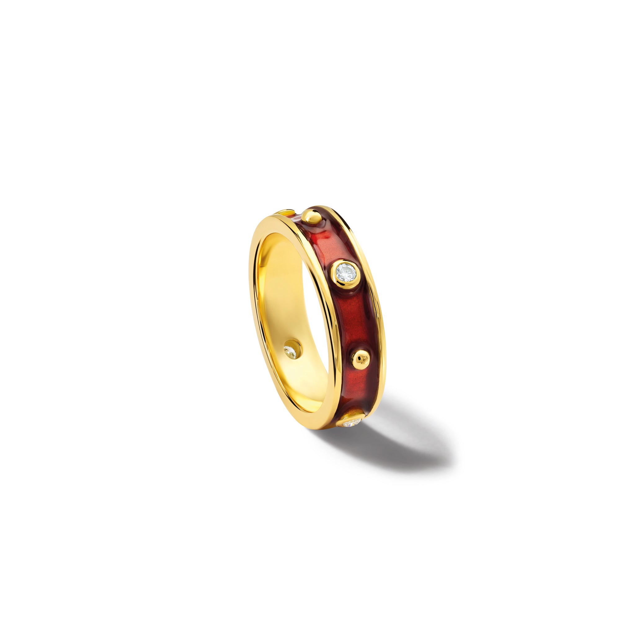 Handcrafted 18ct yellow gold ring with evenly spaced, protruding round dots with red enamel and diamond.