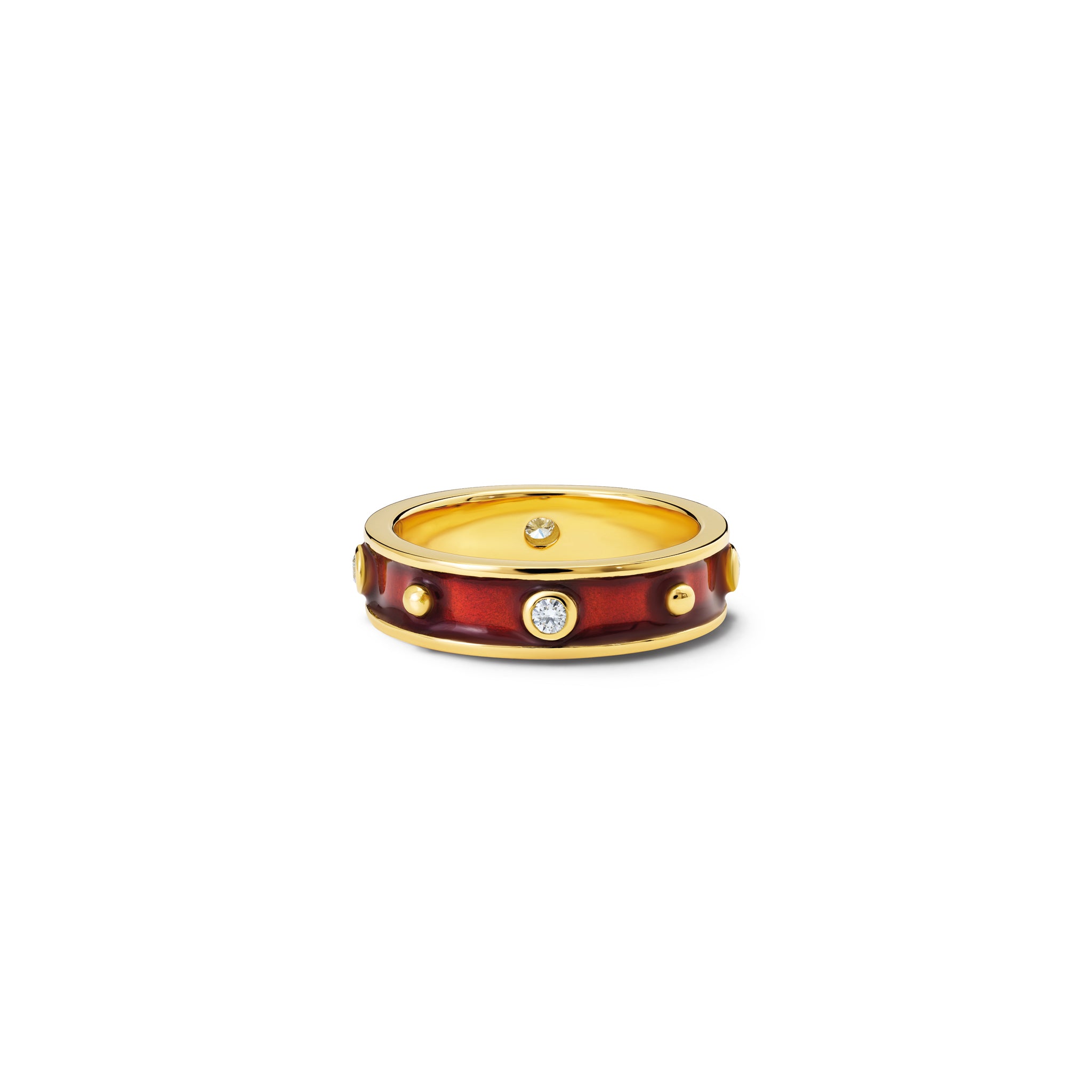 Handcrafted 18ct yellow gold ring with evenly spaced, protruding round dots with red enamel and diamond.