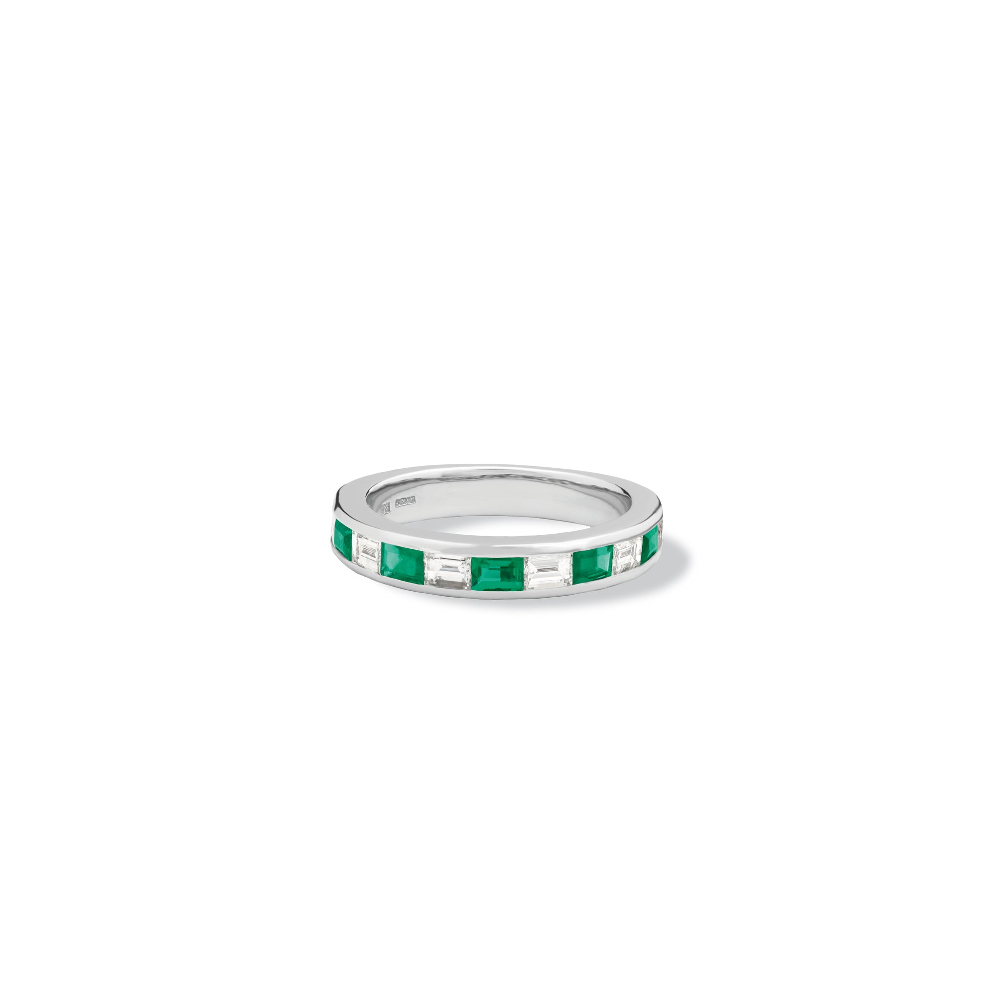 Handcrafted 18ct yellow gold half eternity ring with emeralds and diamonds.