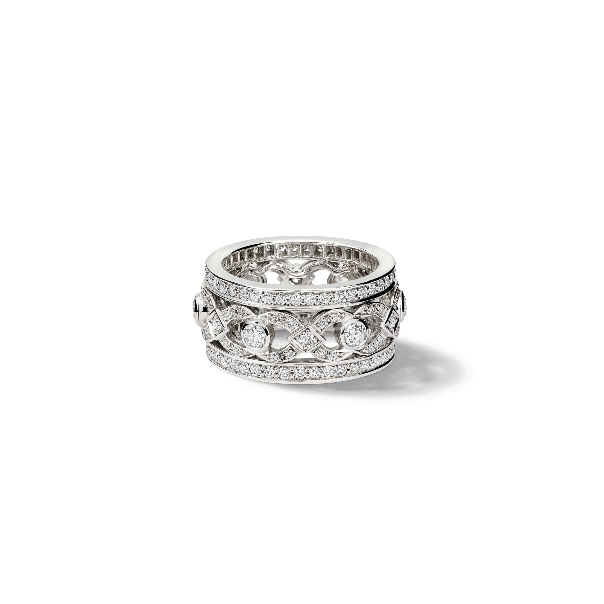 Handcrafted 18ct white gold eternity ring with a dual band with a looping pattern in the middle, set with round-cut diamonds.