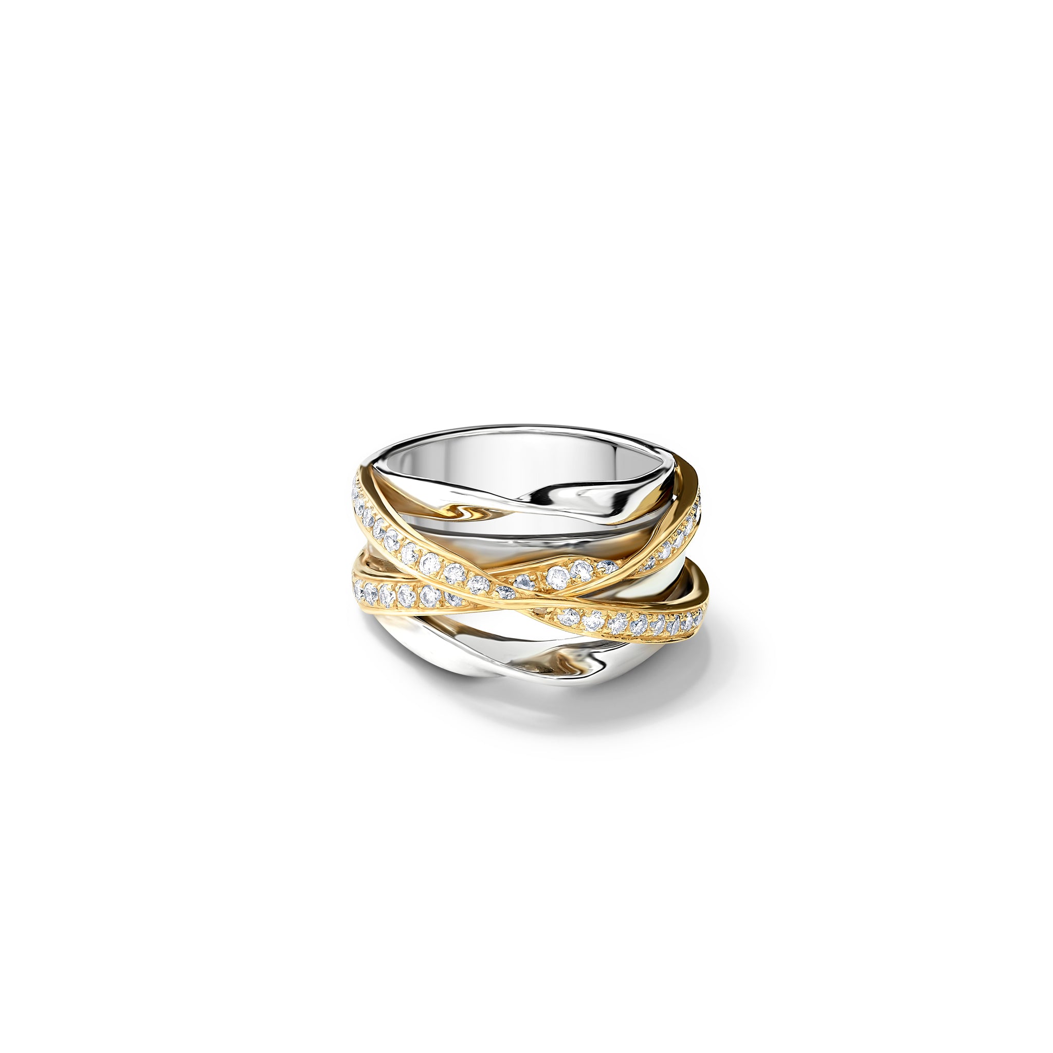 Handcrafted 18ct white and yellow gold ring featuring a nest of tagliatelle with diamonds.