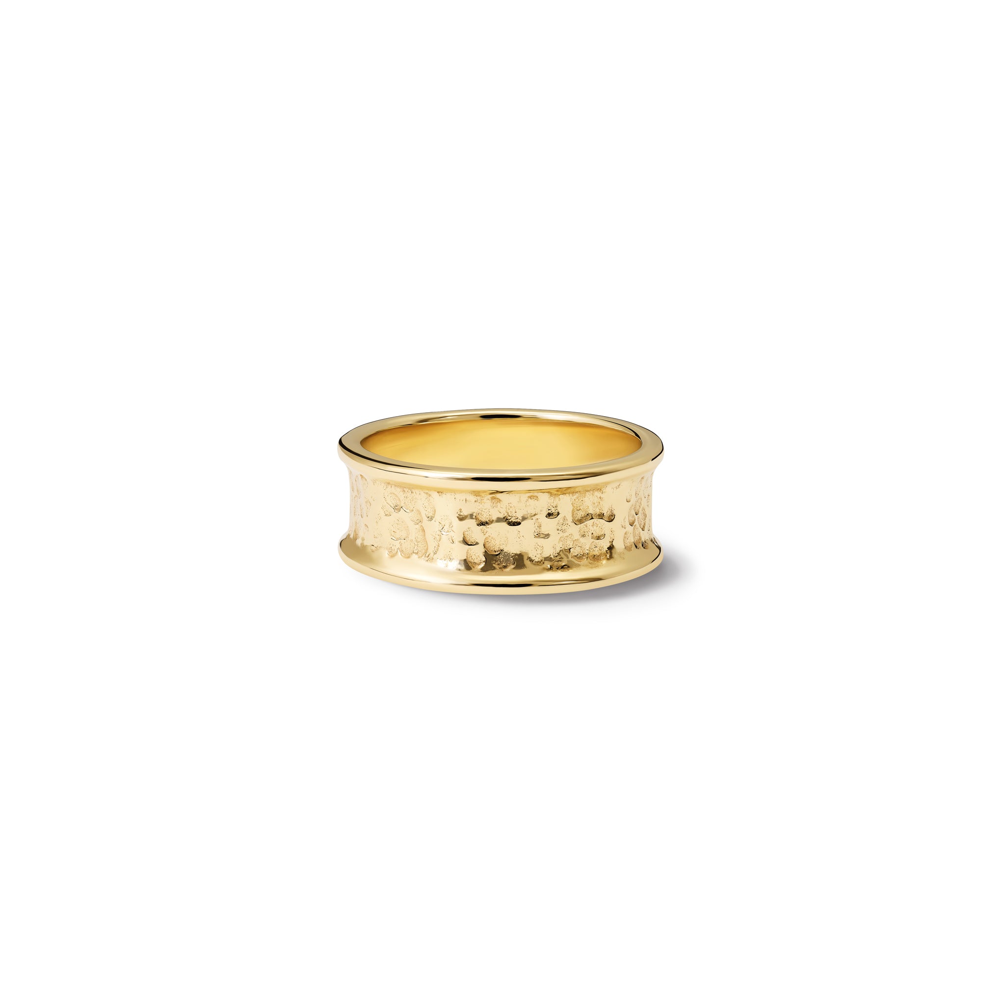 Handcrafted yellow gold ring featuring tortilla shaped circles along the band.