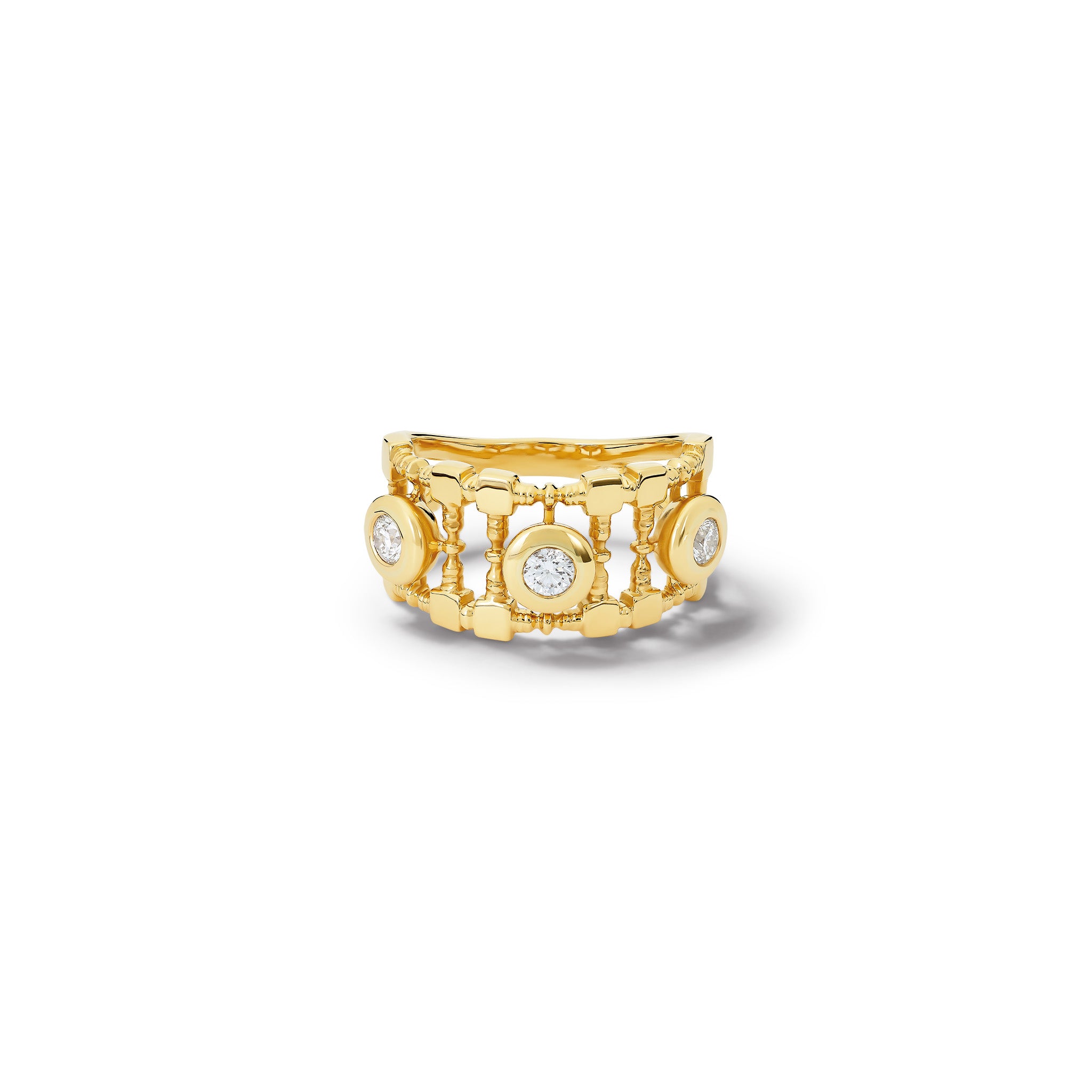 Handcrafted 18ct yellow gold ring featuring a trellis shaped frame with diamonds.