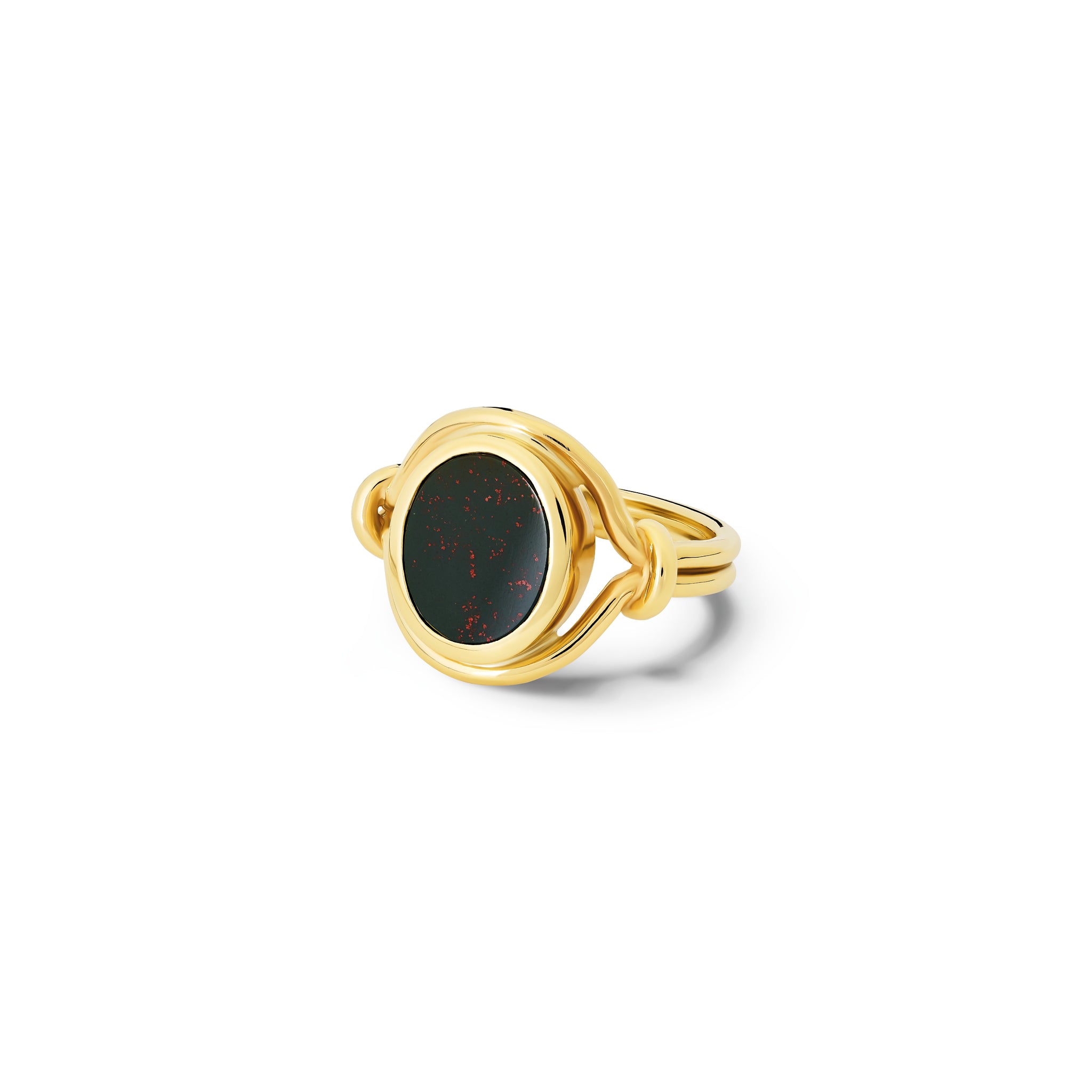 Handcrafted yellow gold signet ring featuring a smooth, round central disc of bloodstone with sleek, curved band accents.