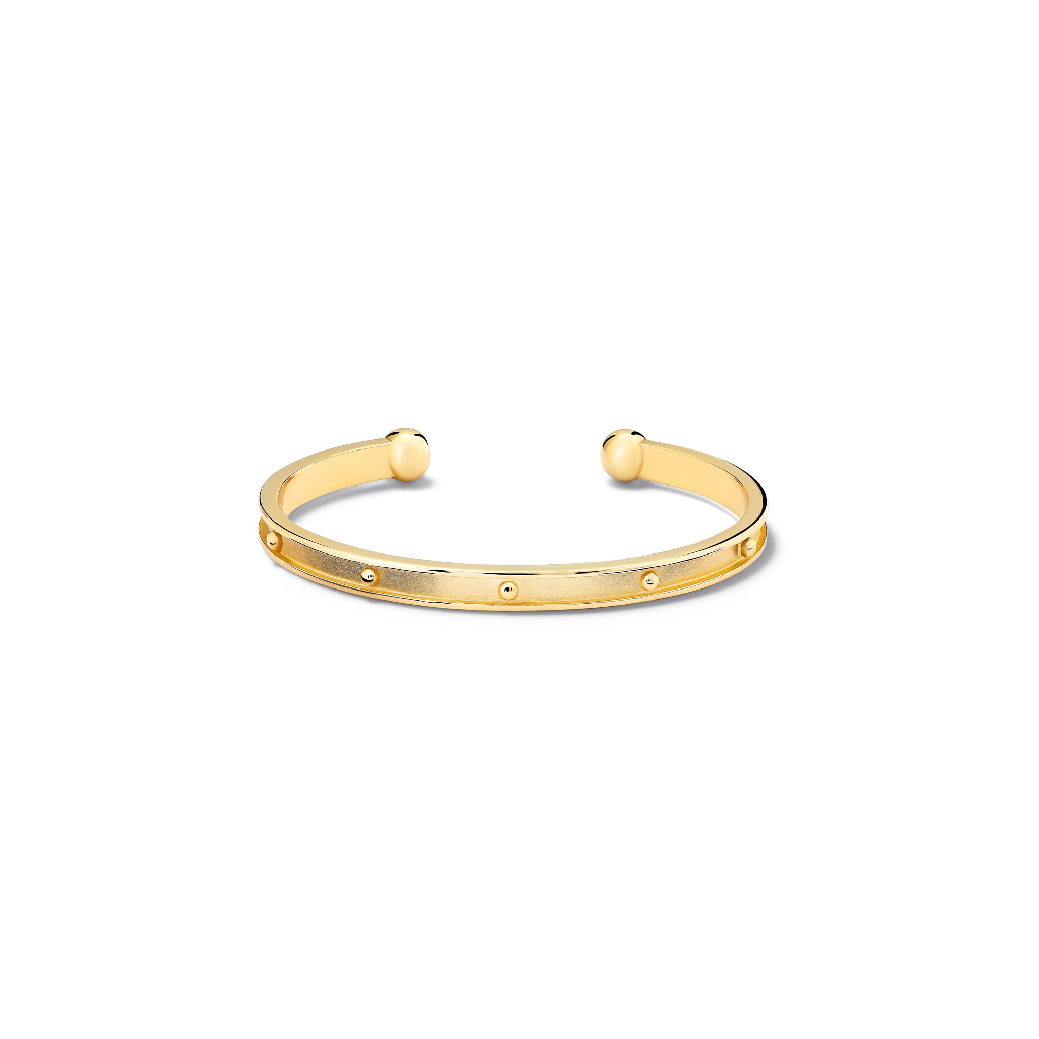 Handcrafted 18ct yellow gold bracelet cuff with evenly spaced, protruding round dots.