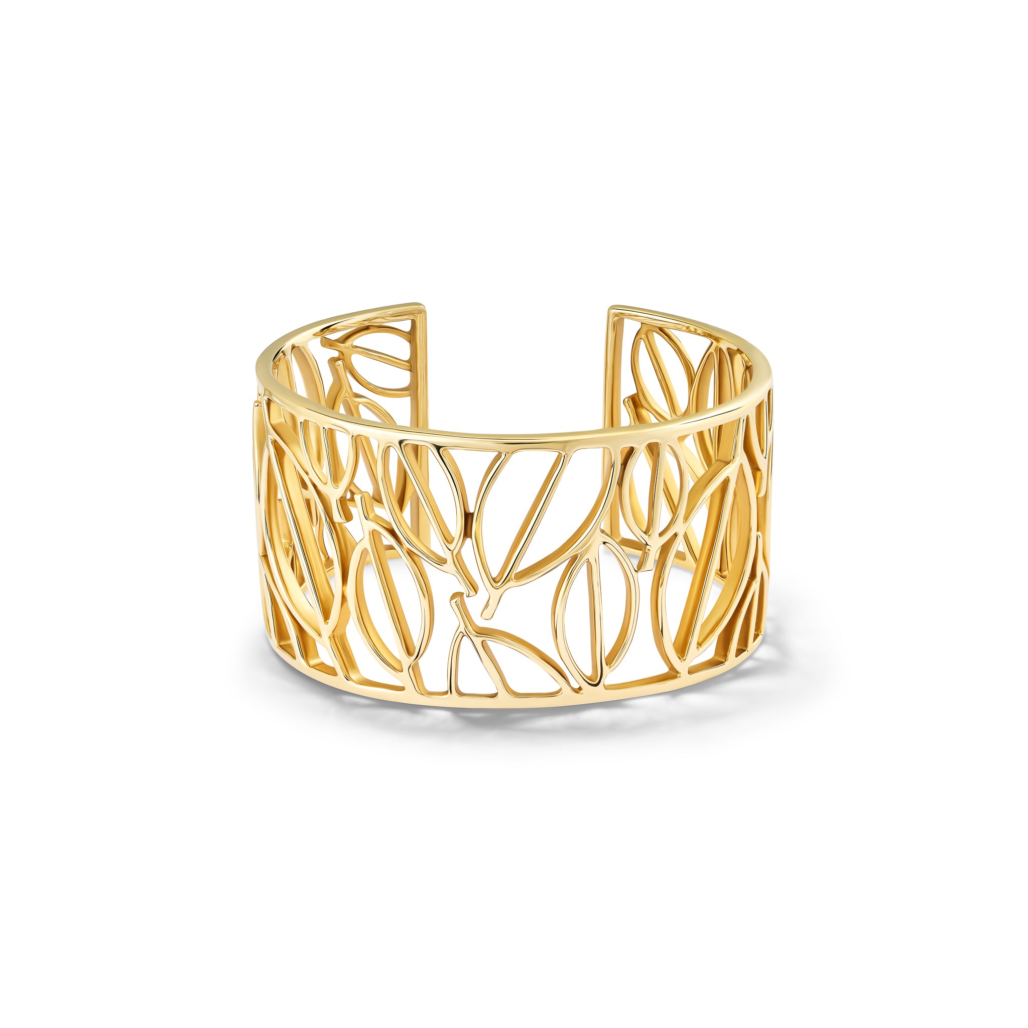 Handcrafted yellow gold cuff bracelet featuring frames of leaves.