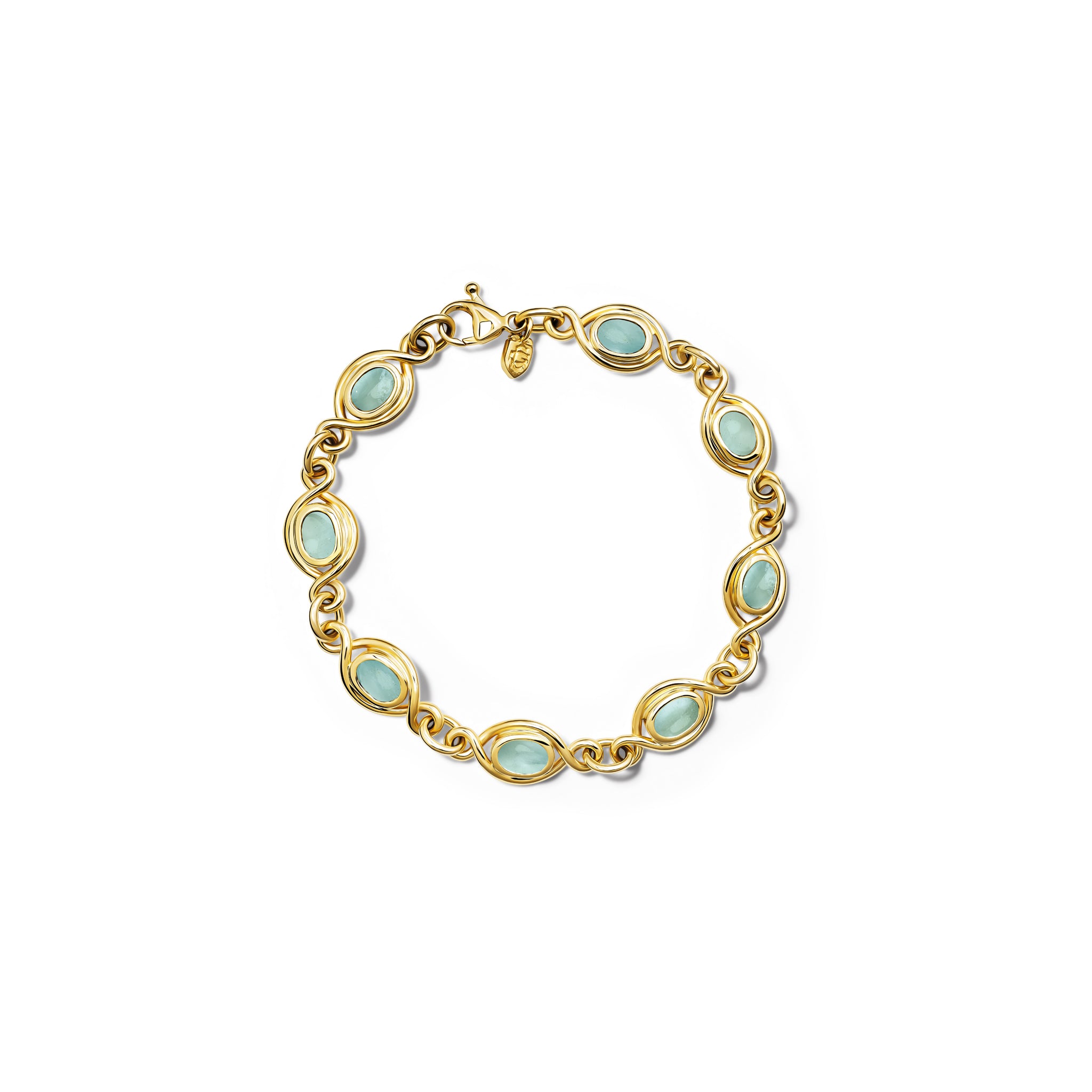 Handcrafted yellow gold bracelet with eight aquamarine gemstones, birthstone of March.