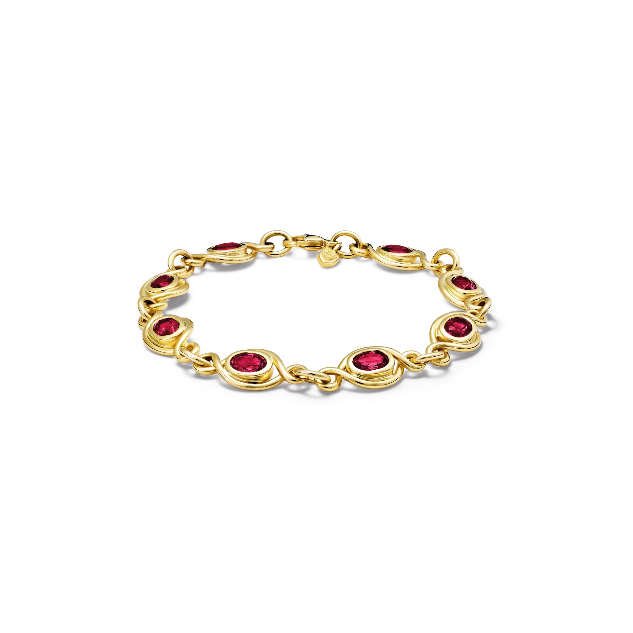 Handcrafted yellow gold bracelet with eight garnet gemstones, birthstone of January.