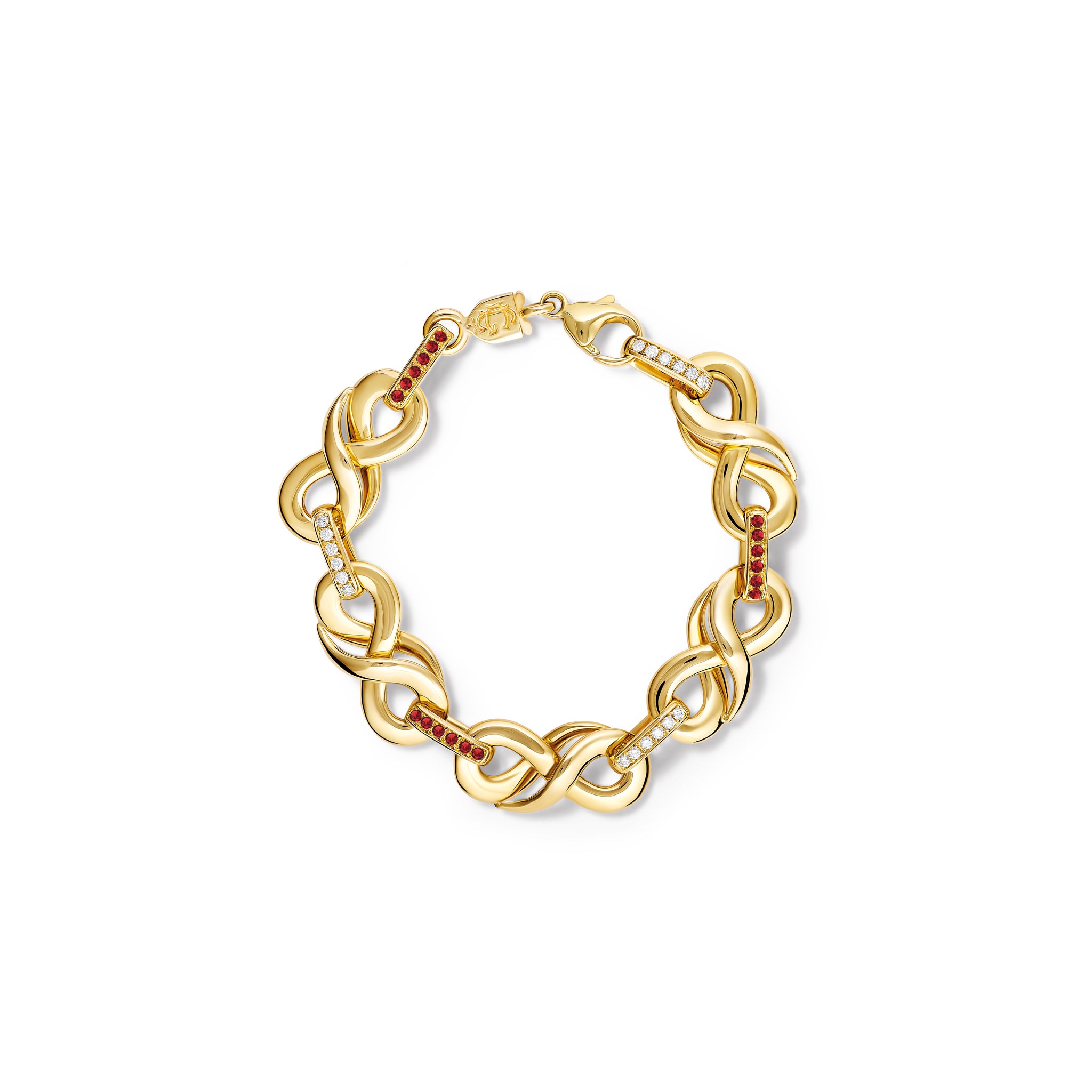 Handcrafted yellow gold bracelet featuring 's' shaped links with ruby and diamond.