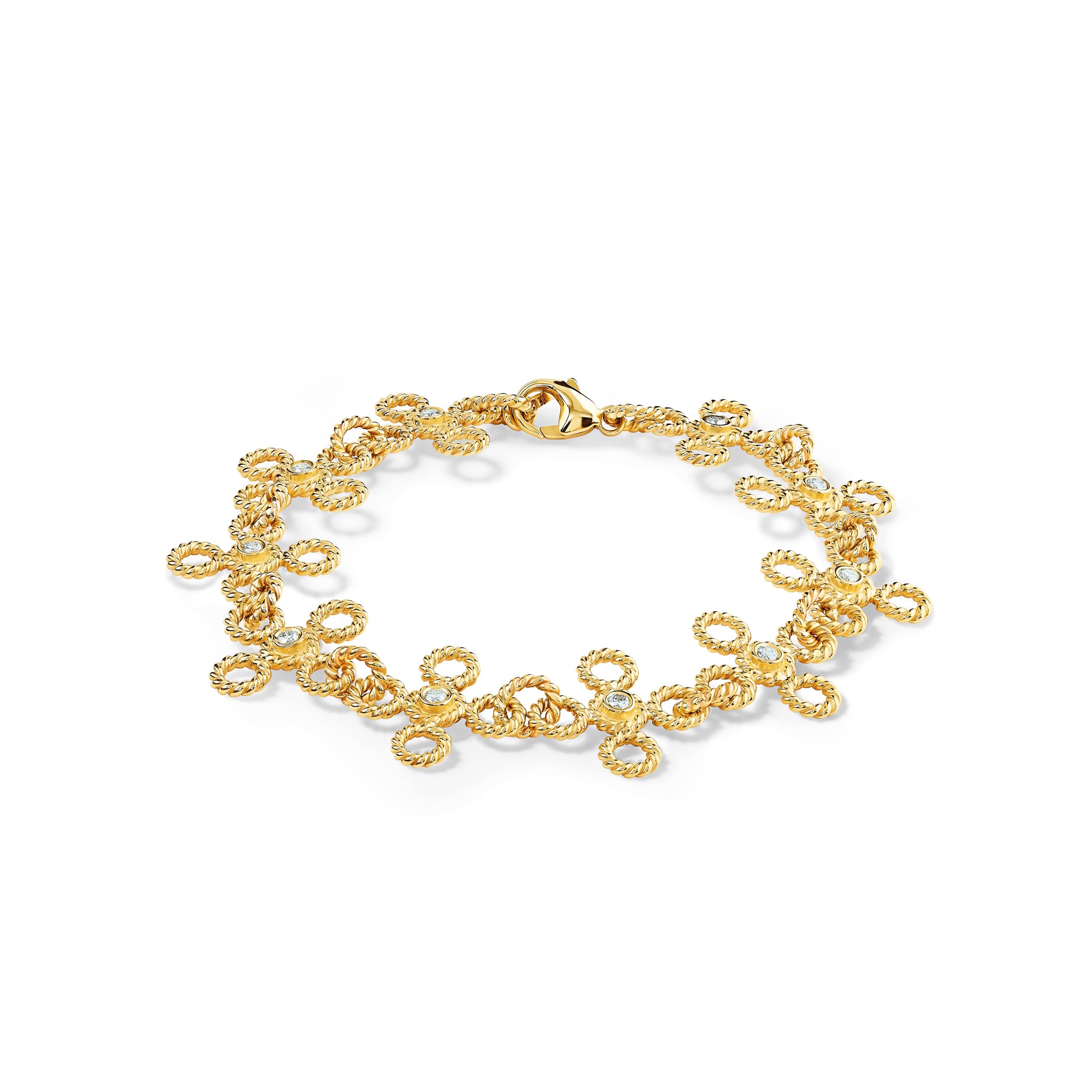 Handcrafted yellow gold bracelet featuring textured rope-like shapes with diamonds.