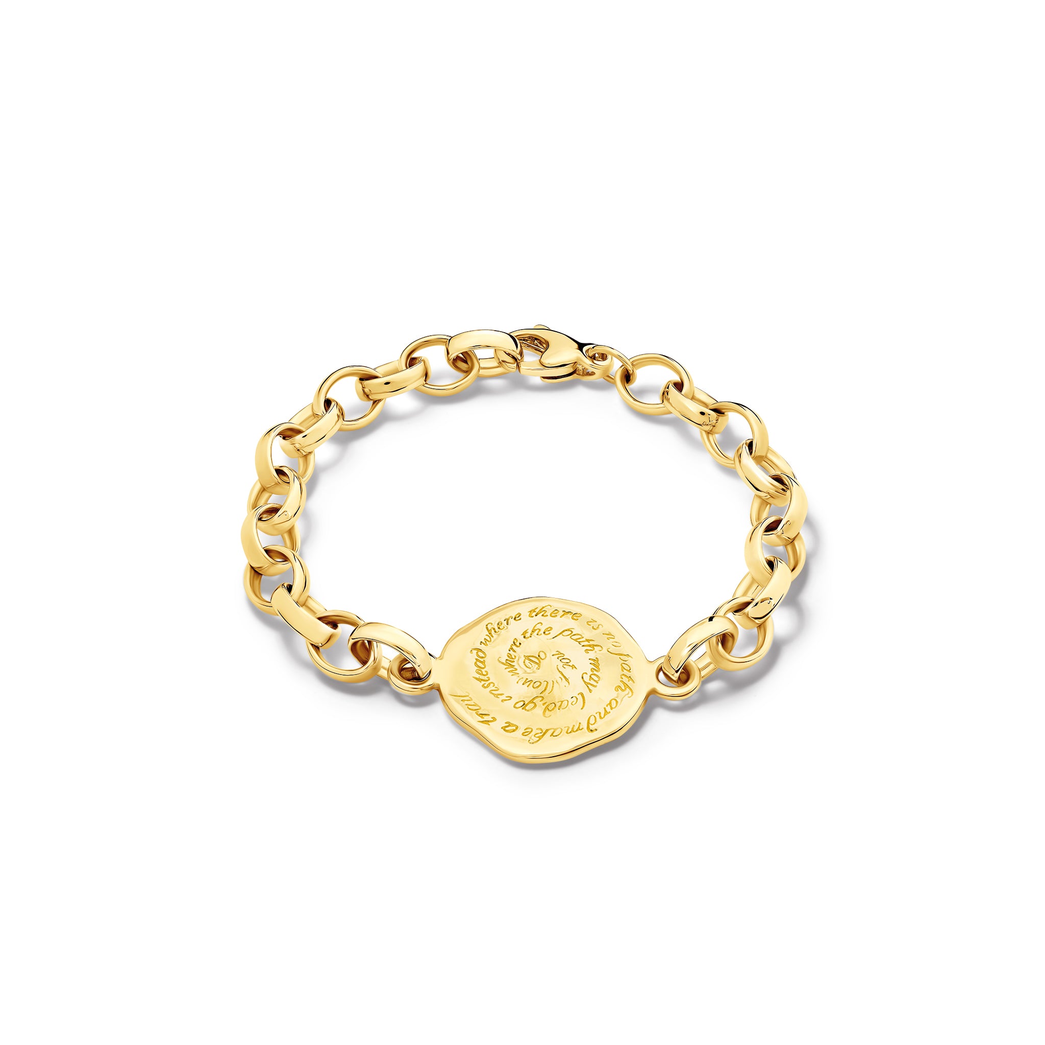 Handcrafted yellow gold link bracelet featuring a round pendant engraved with the quote, 'Do not follow where the path may lead, go instead where there is no path and make a trail.'