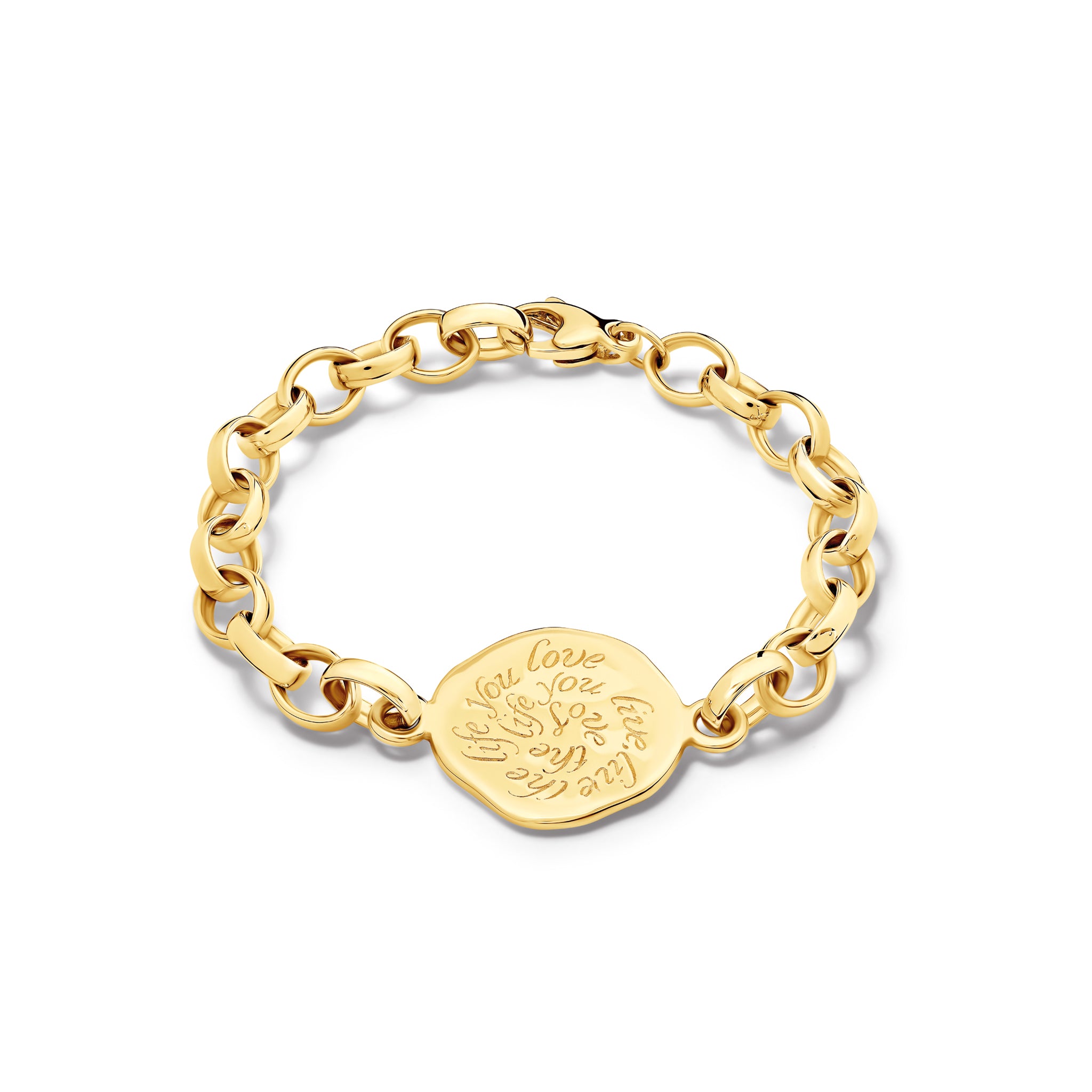 Handcrafted yellow gold link bracelet featuring a gold pendant engraved with the quote, 'Love the life you live, live the life you love.'