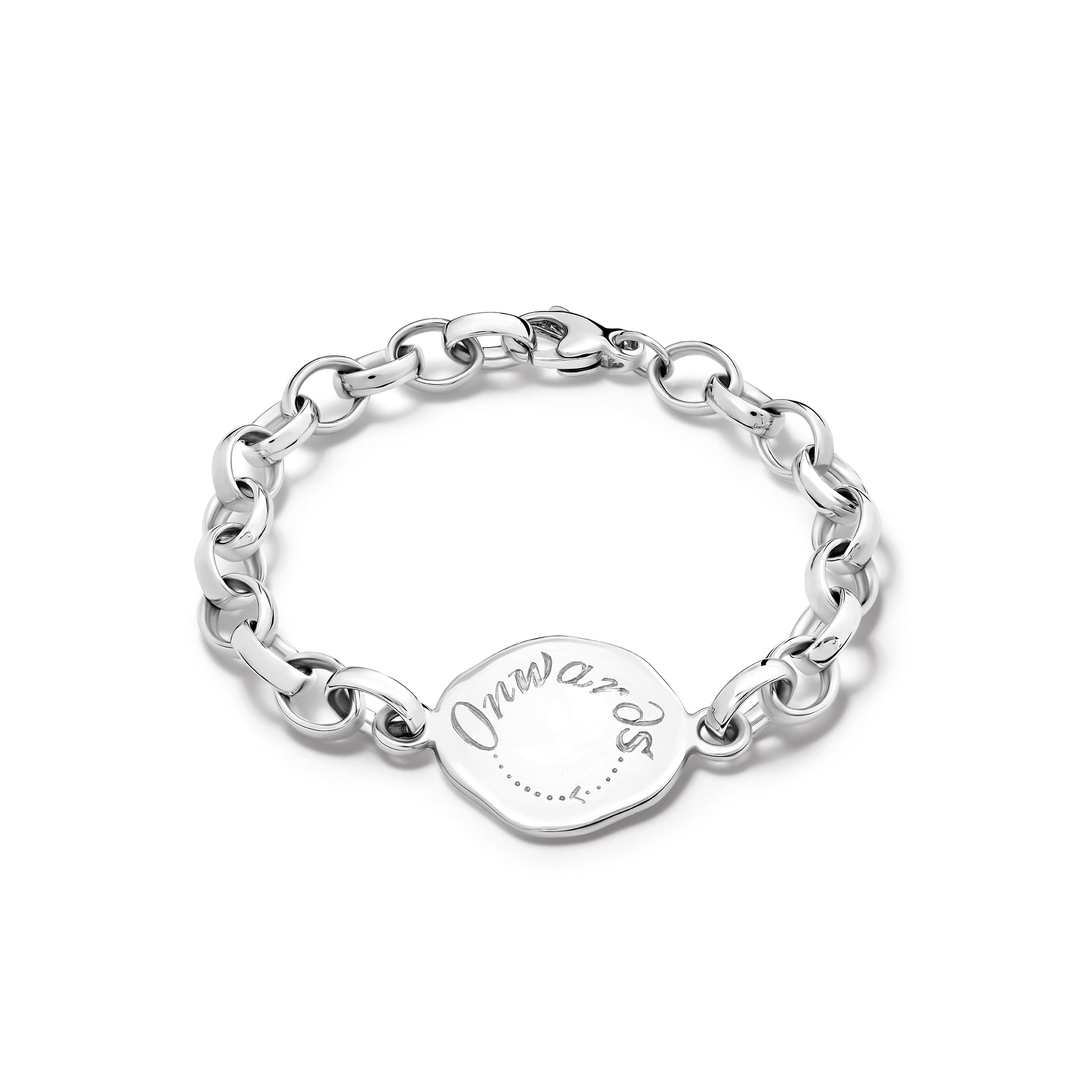 Handcrafted sterling silver link bracelet featuring a pendant engraved with the quote, 'Onwards.'