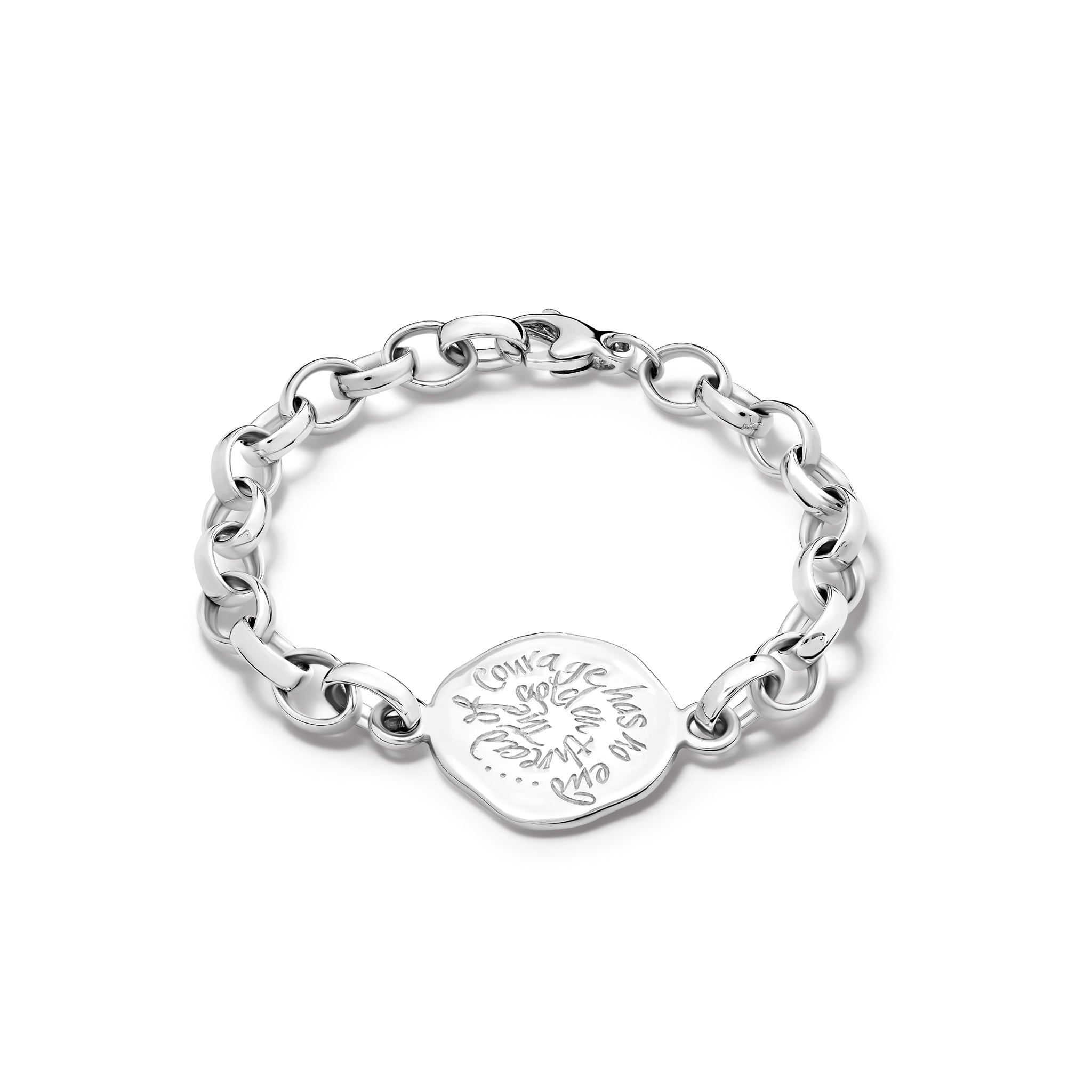 Handcrafted sterling silver link bracelet deaturing a round silver pendant engraved with the quote 'The golden thread of courage has no end.'