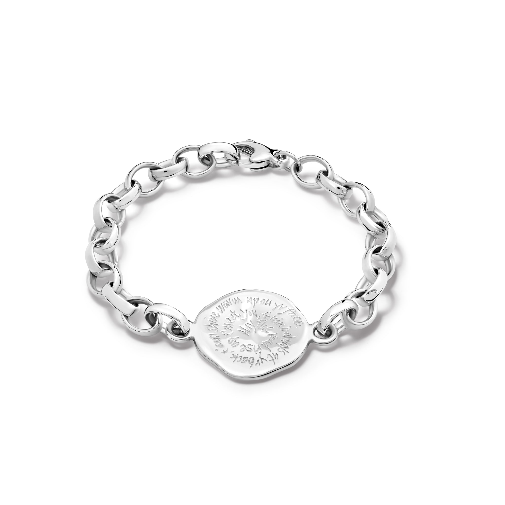 Handcrafted sterling silver link bracelet featuring a pendant engraved with the quote,  'May the road rise up to meet you. May the wind be always at your back. May the sun shine warm upon your face; t