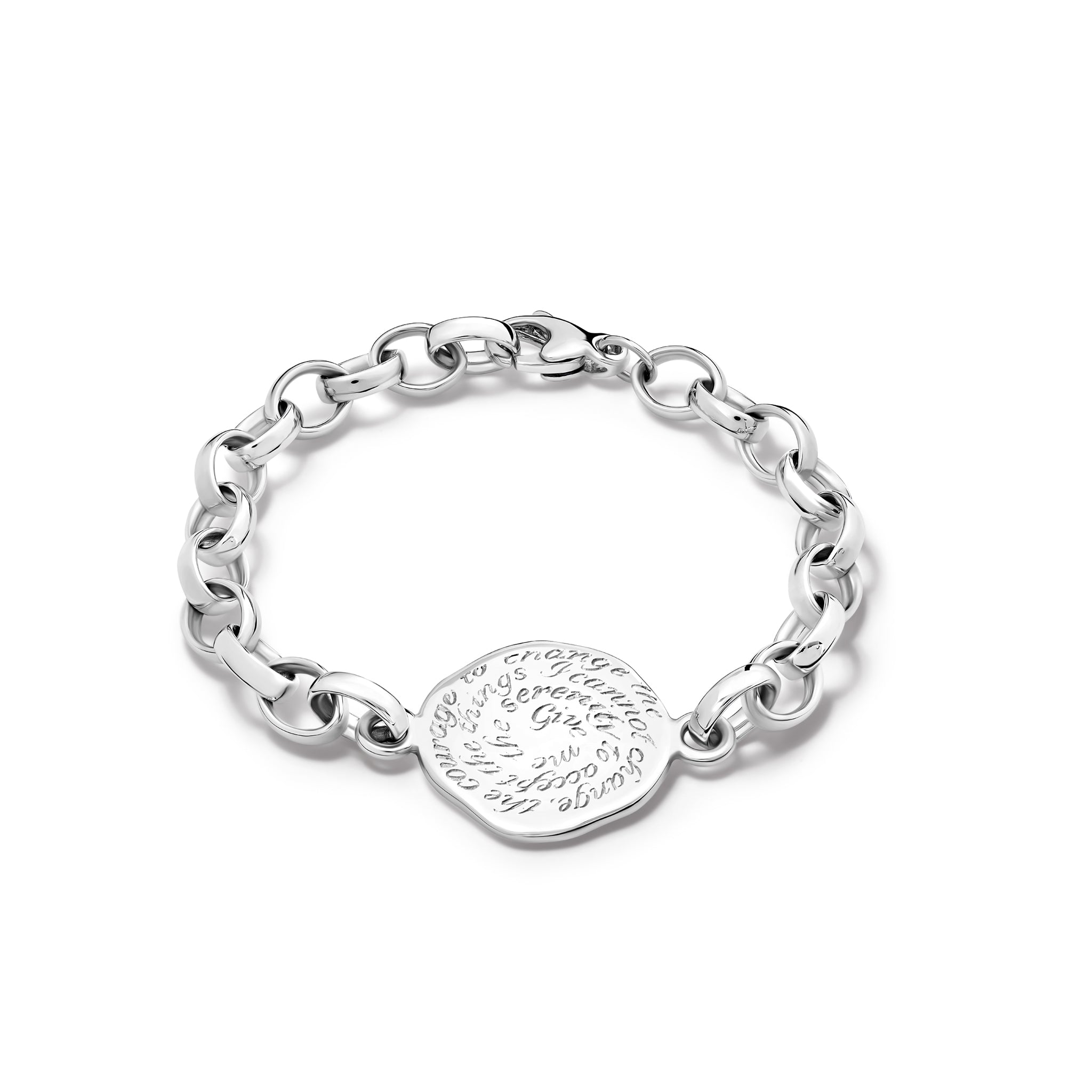 Handcrafted sterling silver link bracelet featuring a silver pendant engraved with the quote, 'Give me the serenity to accept the things I cannot change, the courage to change the things I can, and th