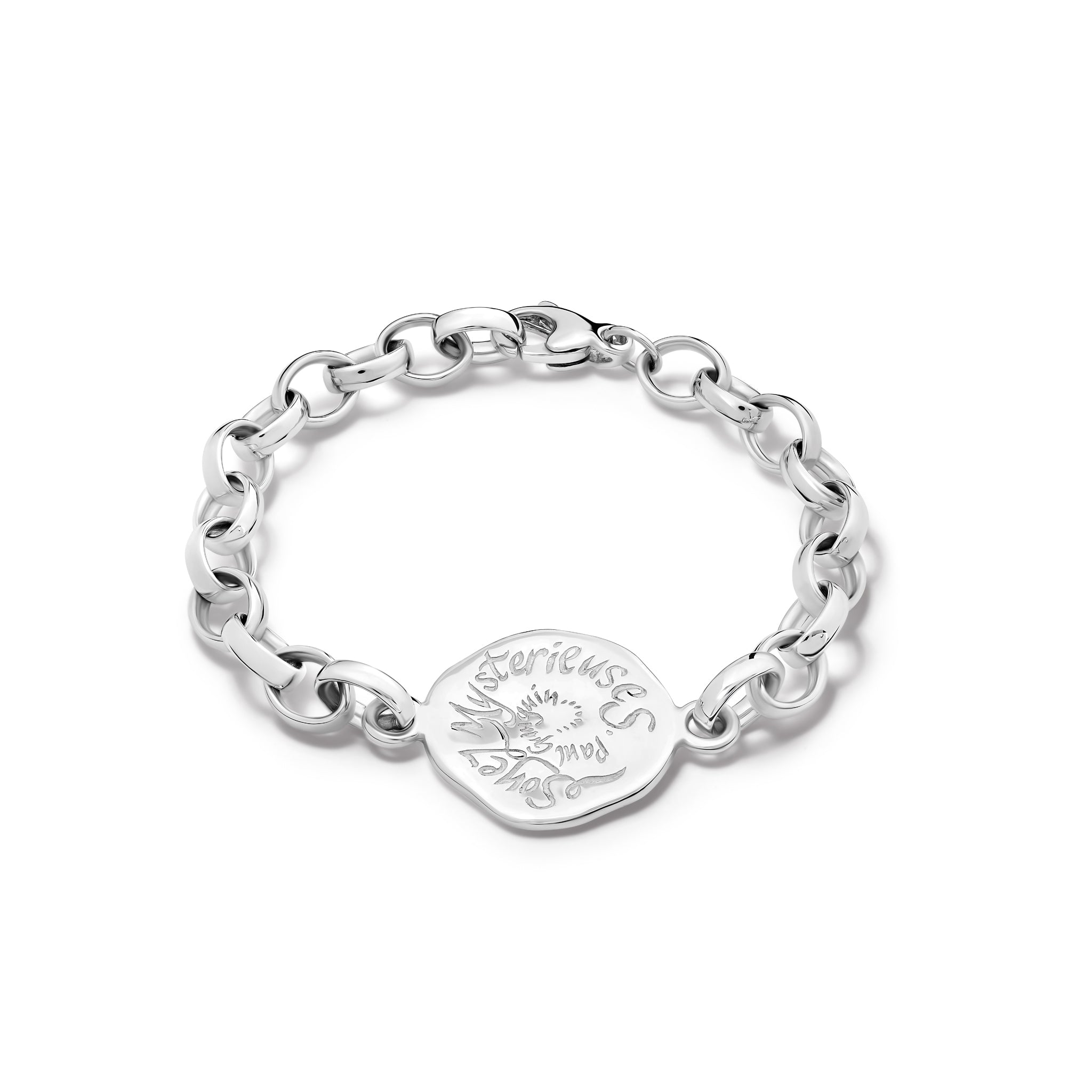 Handcrafted sterling silver link bracelet featuring a pendant engraved with the quote, 'Soyez Myst�rieuses.'