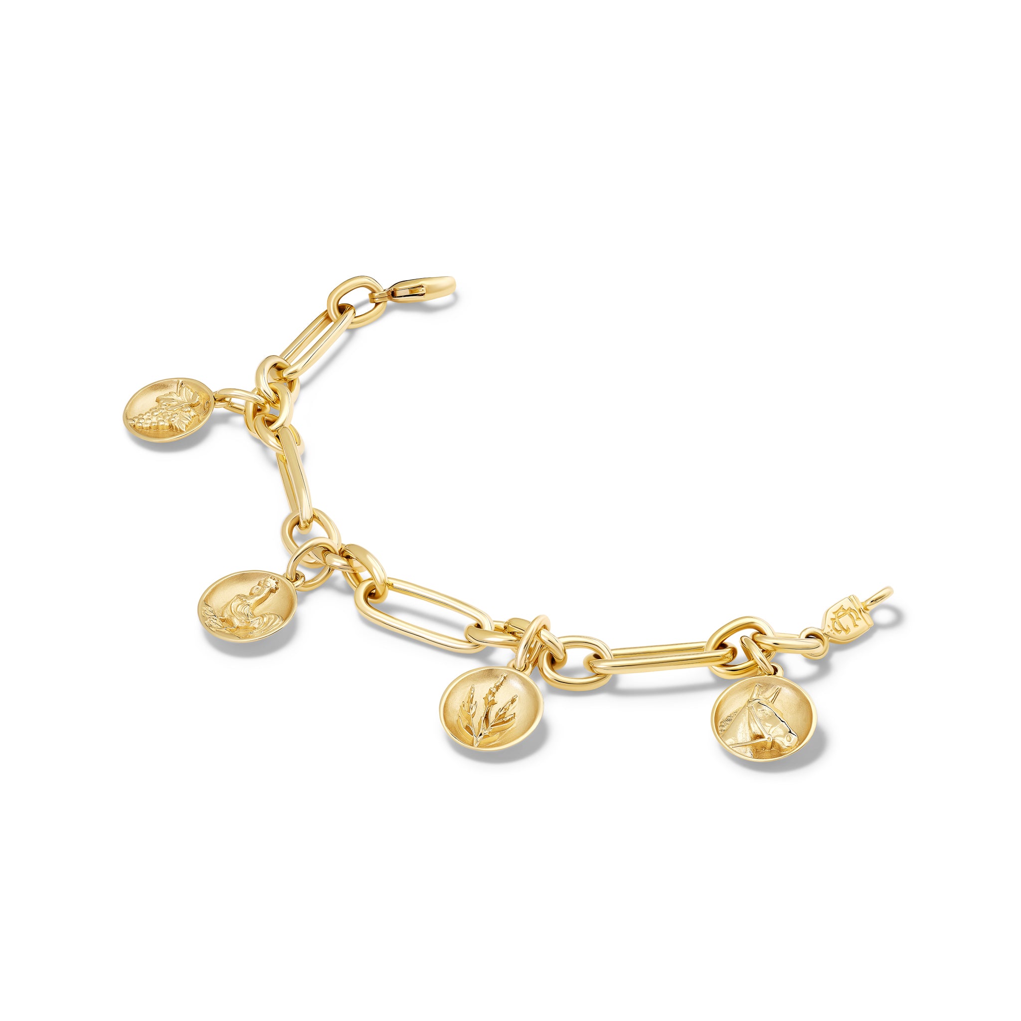 Handcrafted yellow gold charm bracelet featuring five gold charms 'en relief' with culture in France.