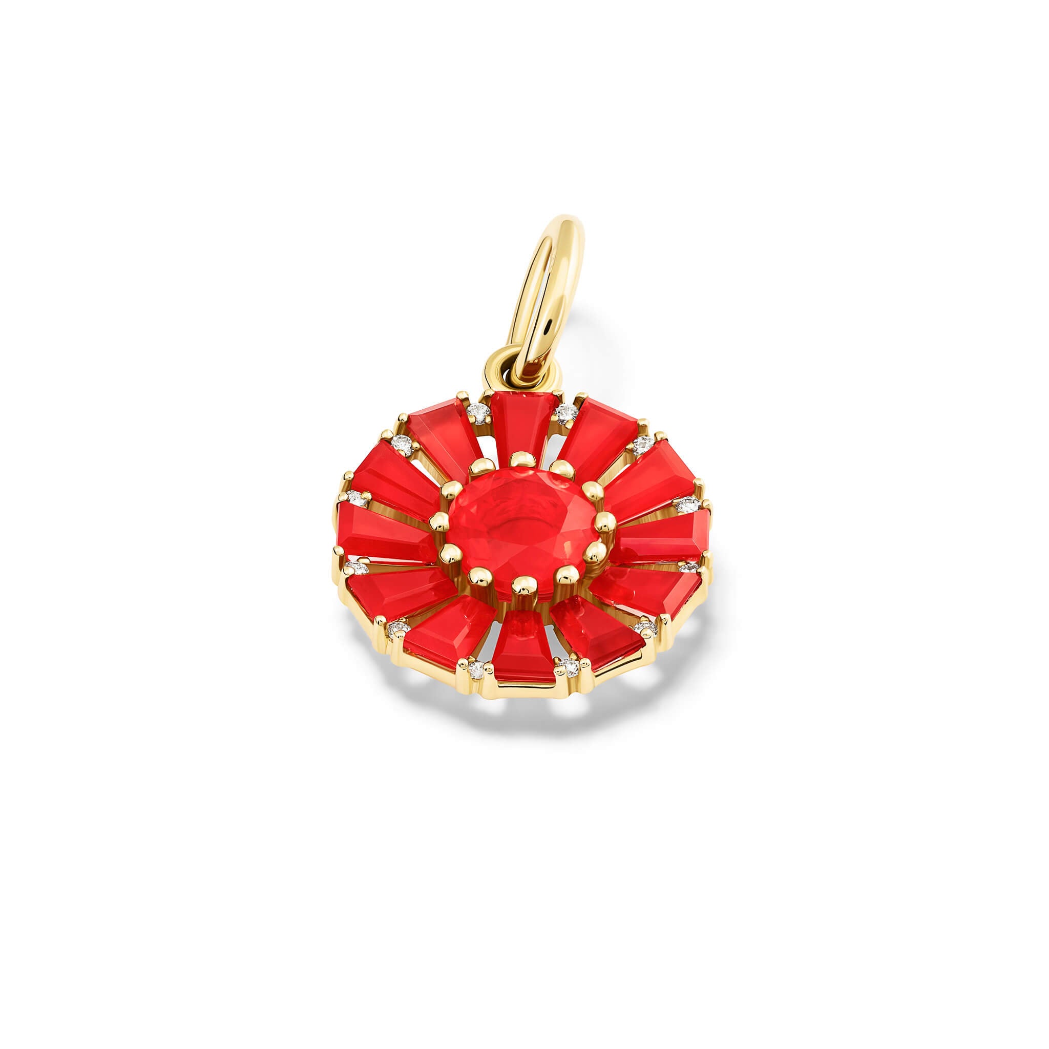Handcrafted yellow gold necklace pendant featuring a circular arrangement of orange cornelian and a central fire opal interspaced with diamonds.